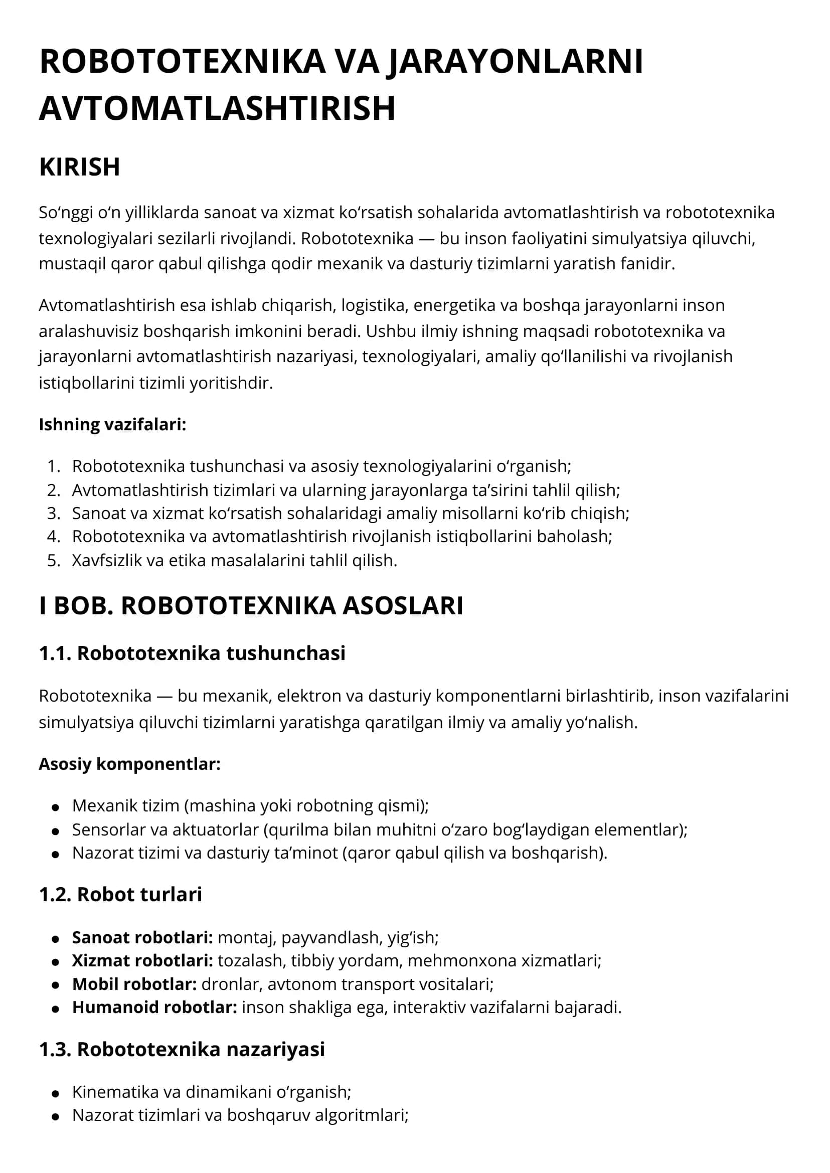 ROBOTOTEXNIKA VA JARAYONLARNI AVTOMATLASHTIRISH 1