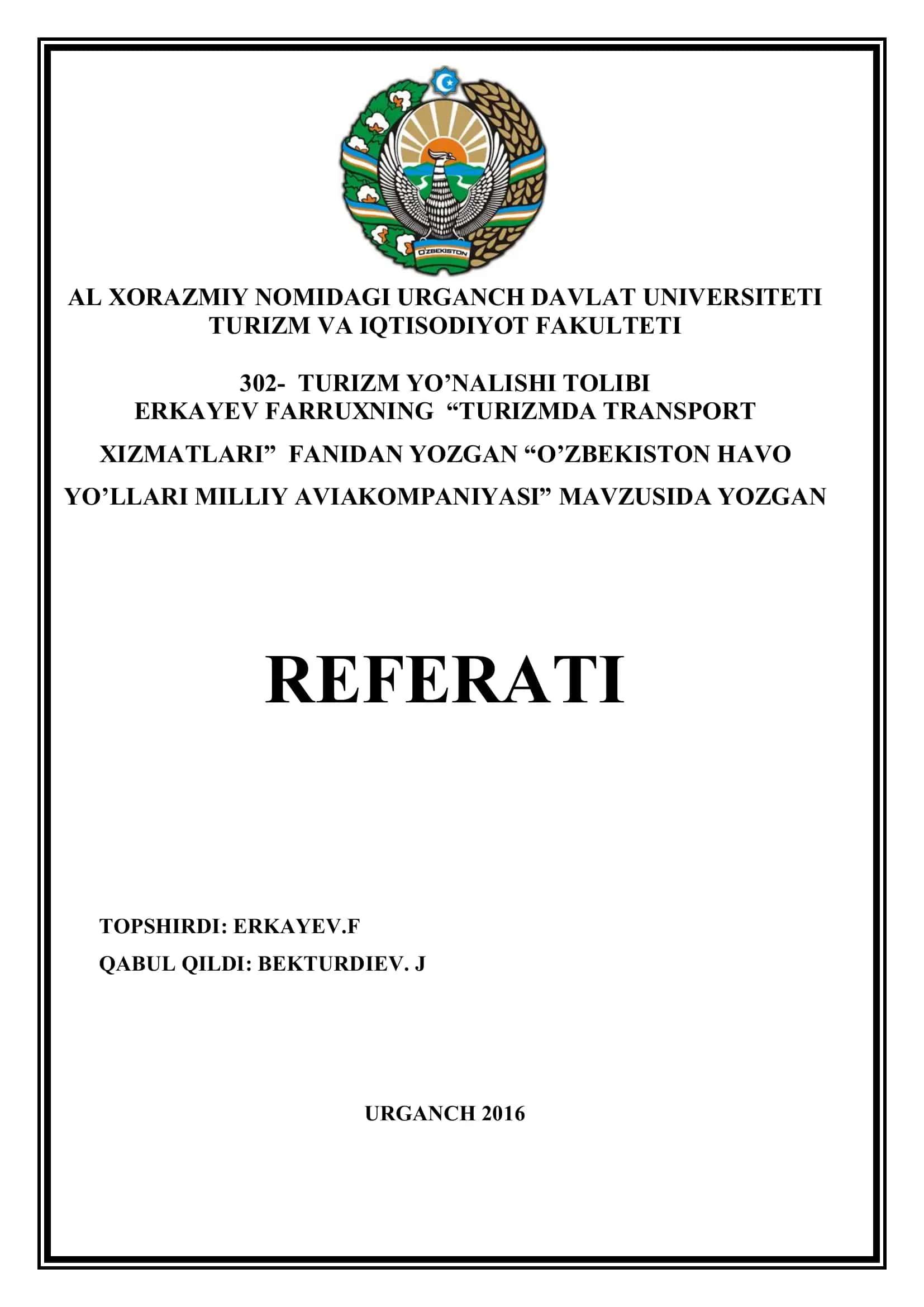 "O'zbekiston Havo Yo'llari Milliy Aviakompaniyasi" Referati 1