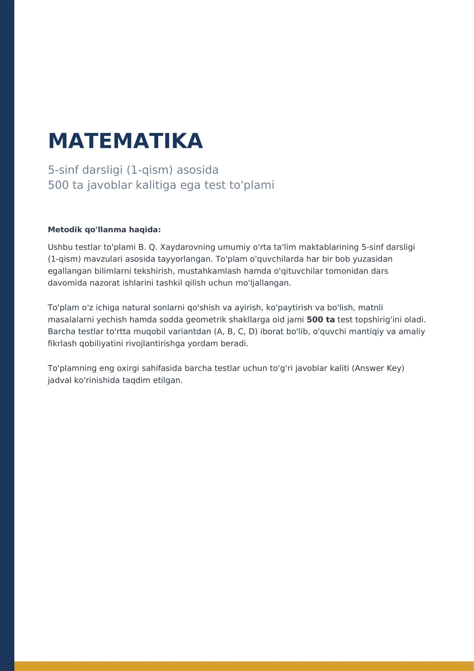 5-SINF MATEMATIKA 1-QISM — 500 TA TEST | JAVOBLARI BILAN | PDF 1