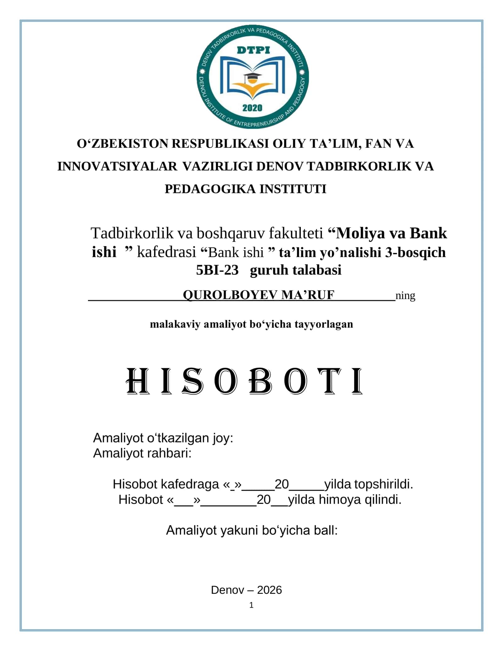 ATB "Agrobank" Xorazm Viloyati Yangibozor tuman filialining Talabaning Malakaviy Amaliyoti 1