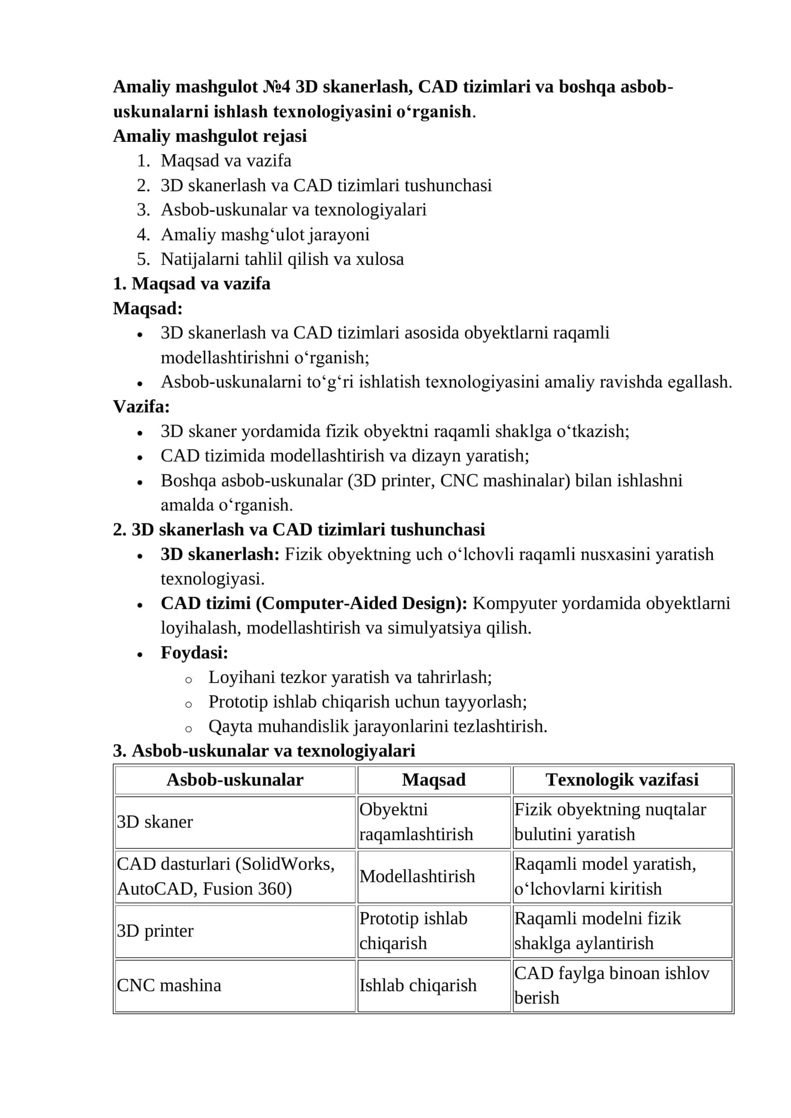 Amaliy mashgulot №4 3D skanerlash, CAD tizimlari va boshqa asbob-uskunalarni ishlash texnologiyasini o‘rganish 1