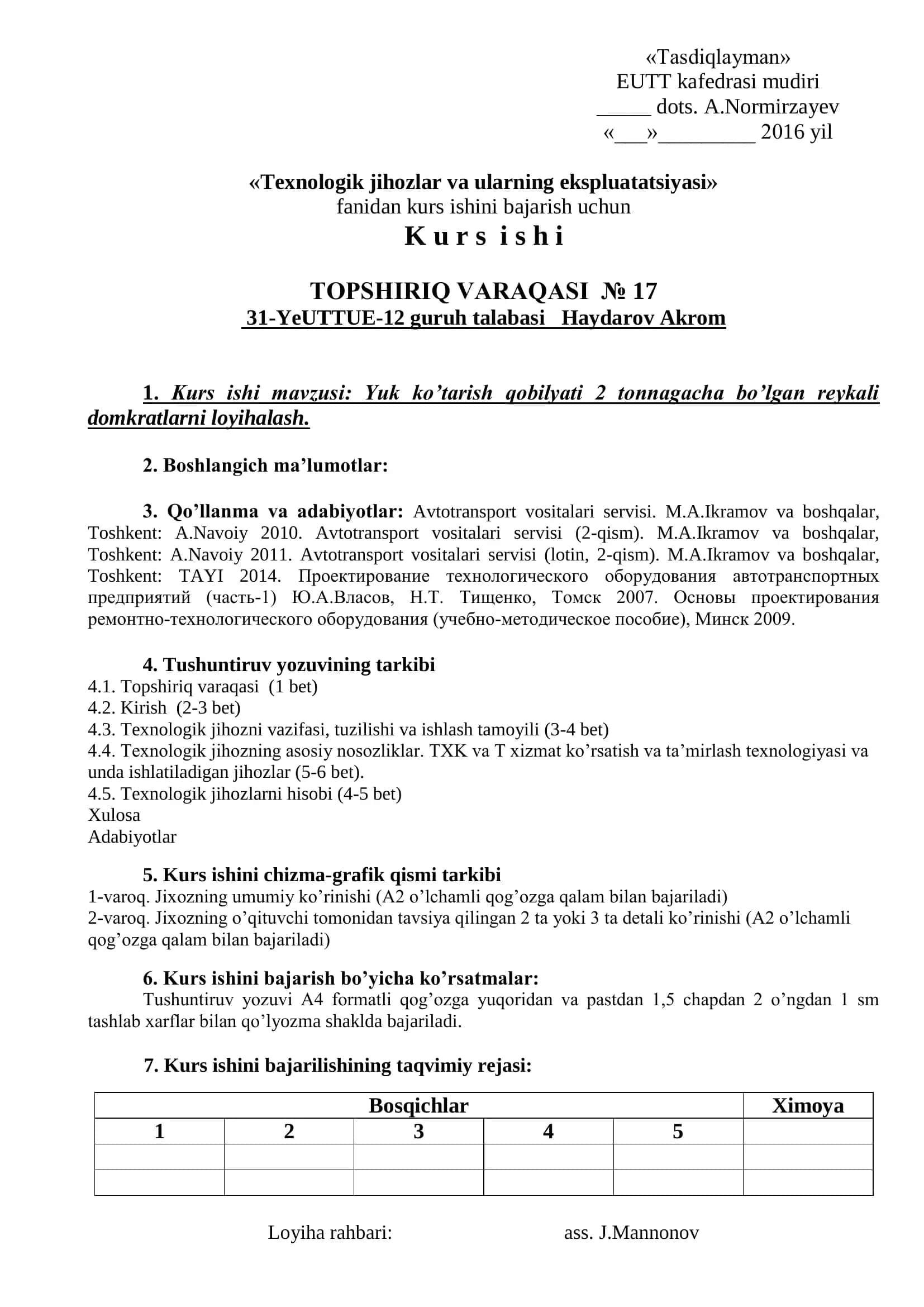 Yuk ko’tarish qobilyati 2 tonnagacha bo’lgan reykali domkratlarni loyihalash 1