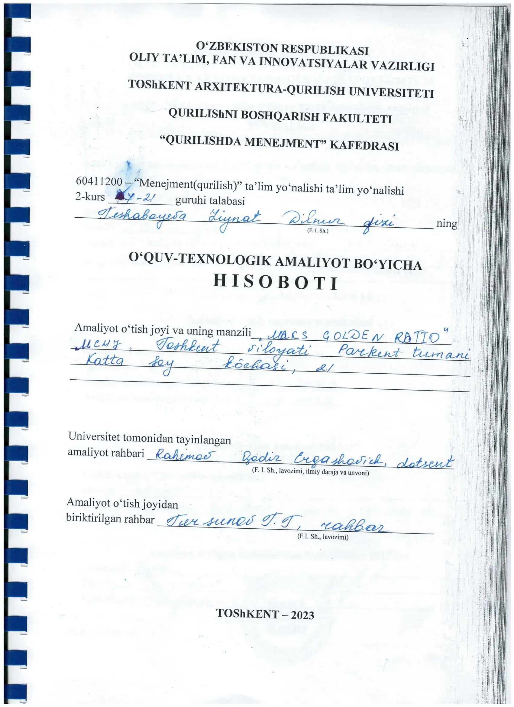 Menejment(qurilish)” ta’lim yo‘nalishi bo'yicha amaliyot hisoboti 1