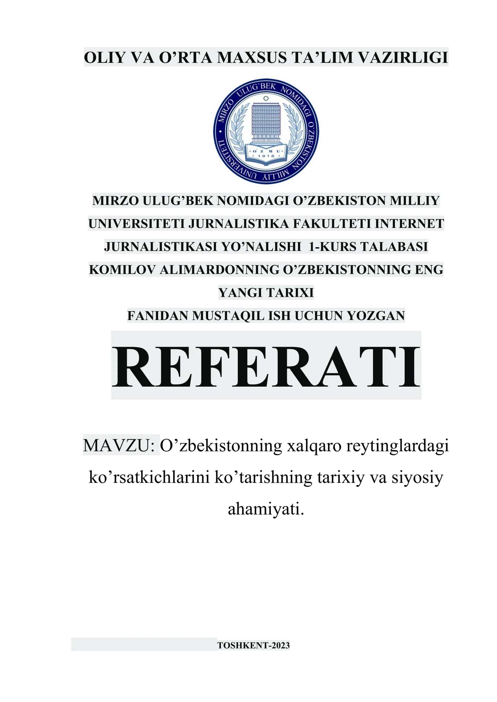 O’zbekistonning eng yangi tarixi fanidan mustaqil ish uchun yozgan referati 1