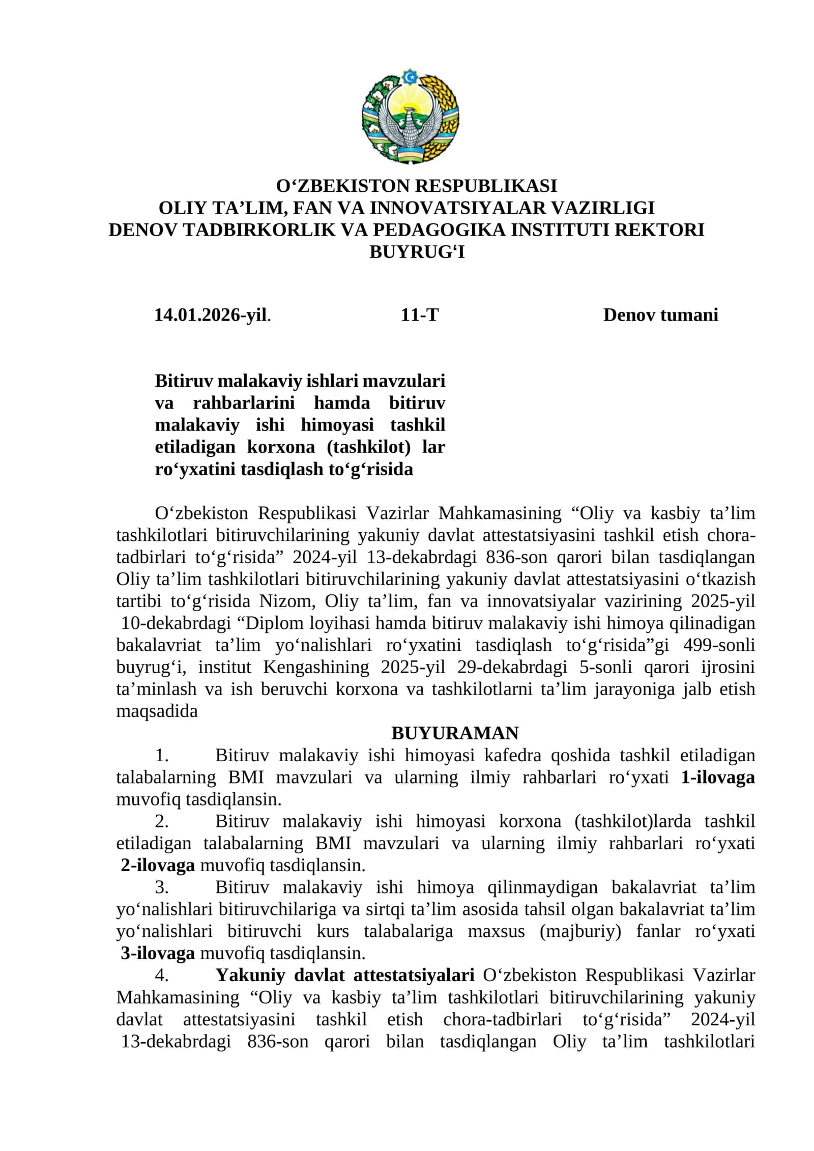 Bitiruv malakaviy ishlari mavzulari va rahbarlarini hamda bitiruv malakaviy ishi himoyasi tashkil etiladigan korxona (tashkilot) lar ro‘yxati 1