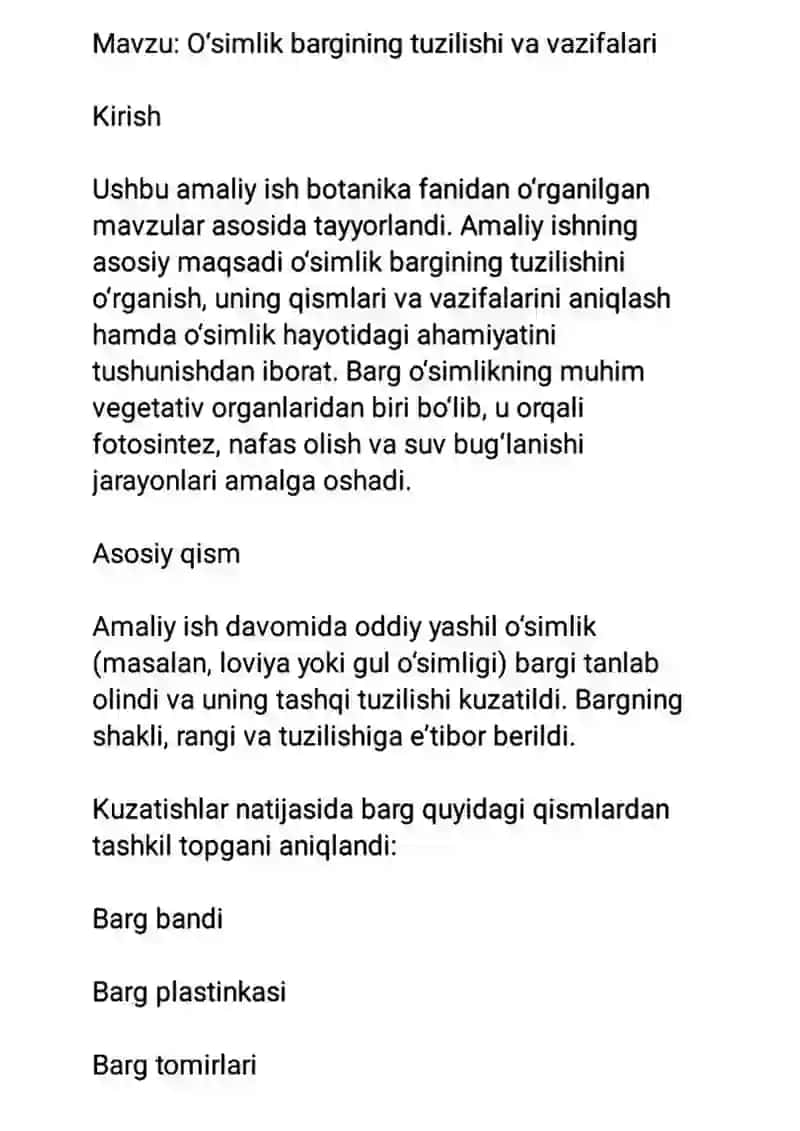 O‘simlik bargining tuzilishi va vazifalari