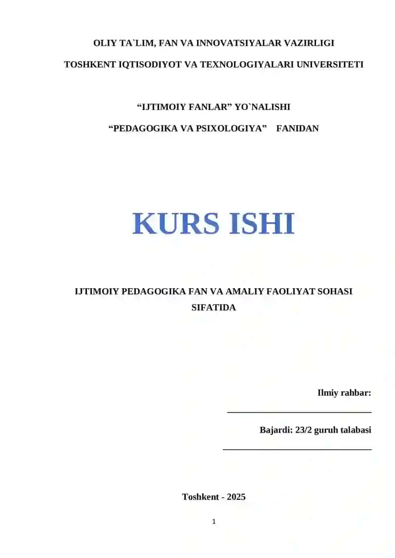 Ijtimoiy Pedagogika Fan va Amaliy Faoliyat Kurs Ishi
