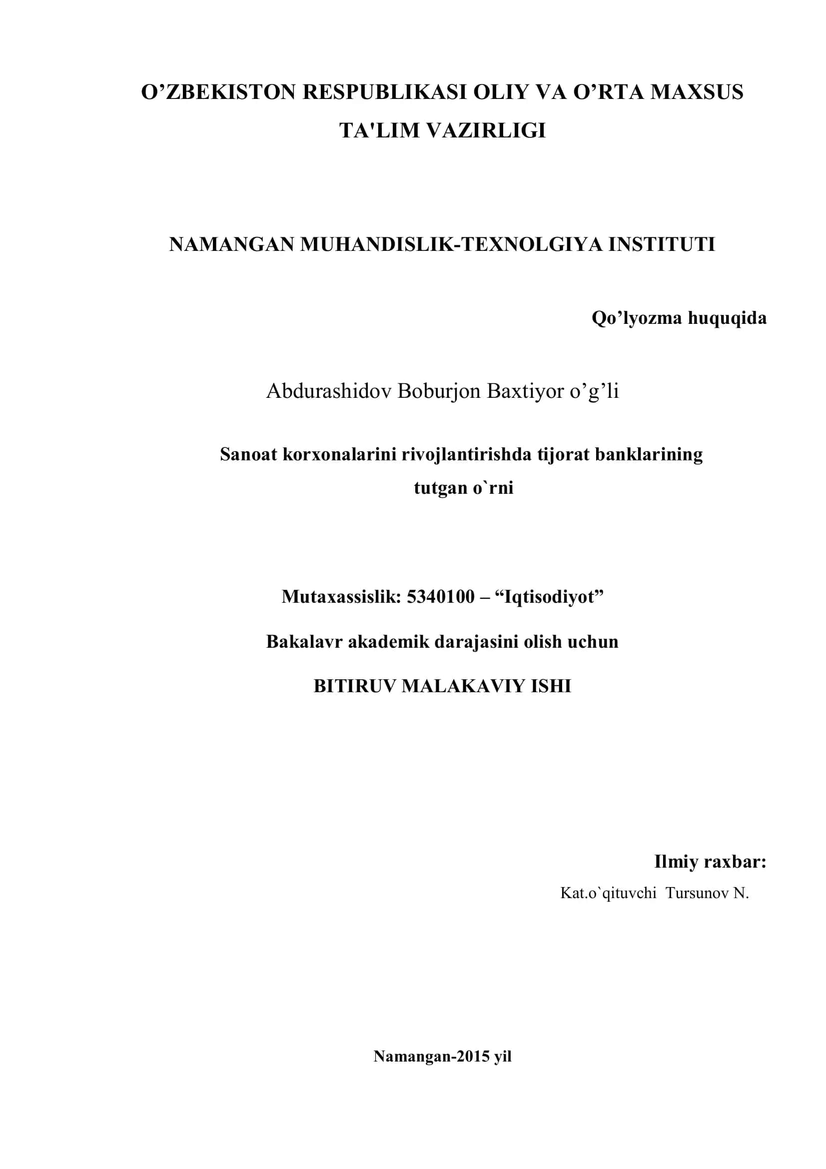 Sanoat korxonalarini rivojlantirishda tijorat banklarining tutgan o`rni 1