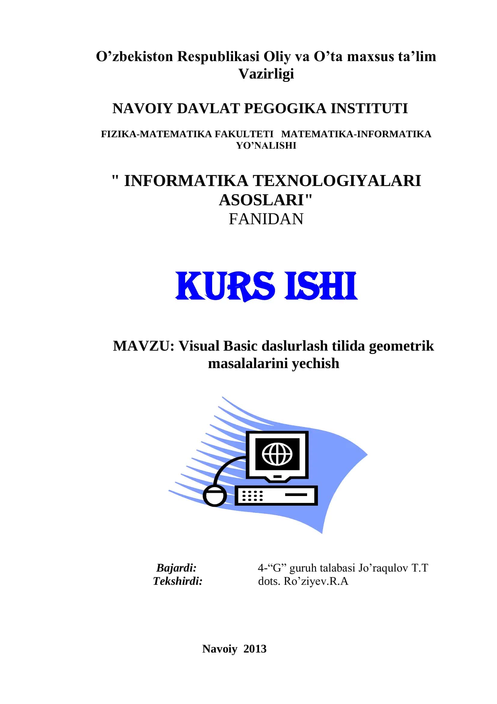 Visual Basic daslurlash tilida geometrik masalalarini yechish 1