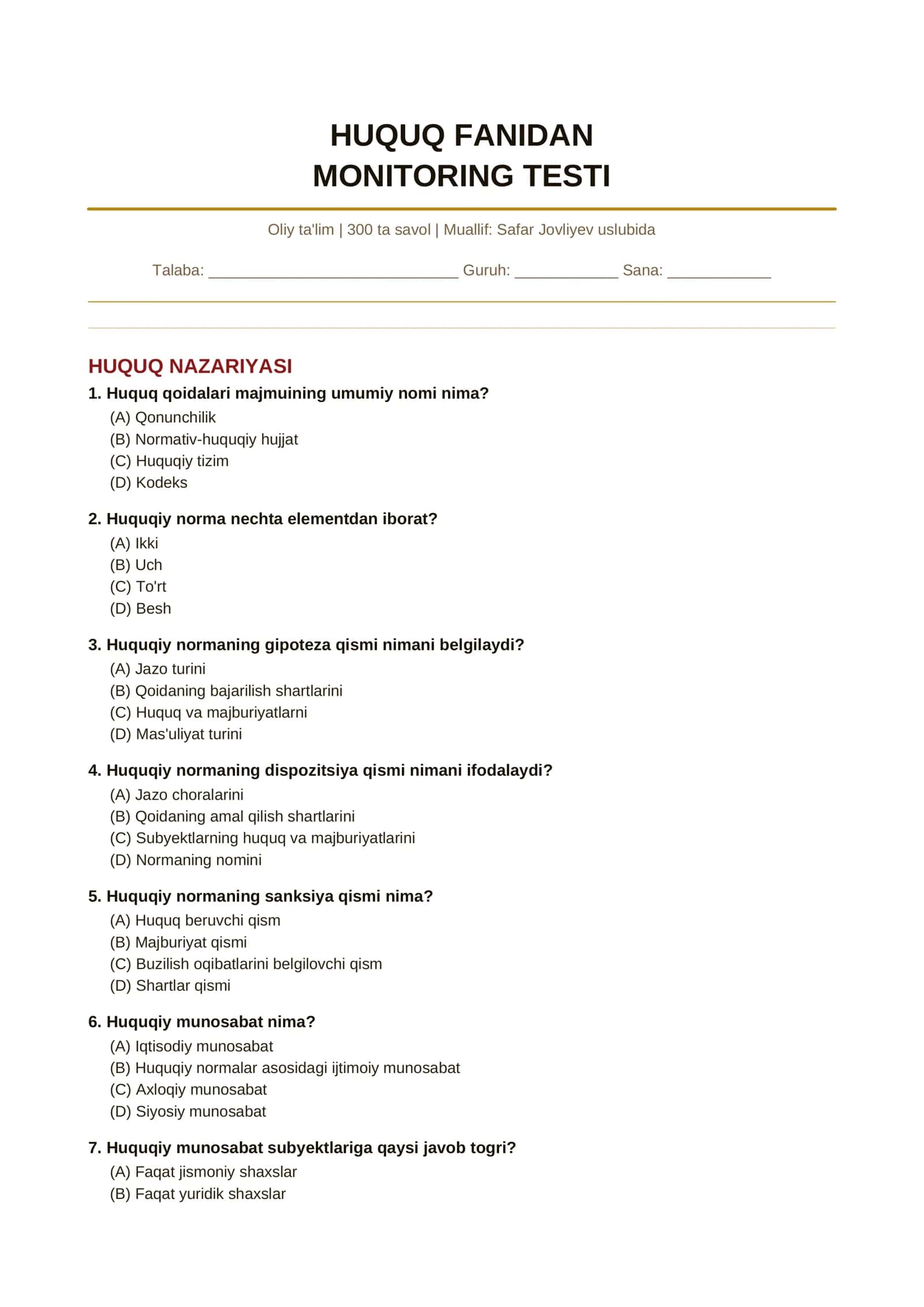 HUQUQ FANIDAN MONITORING TESTI 1