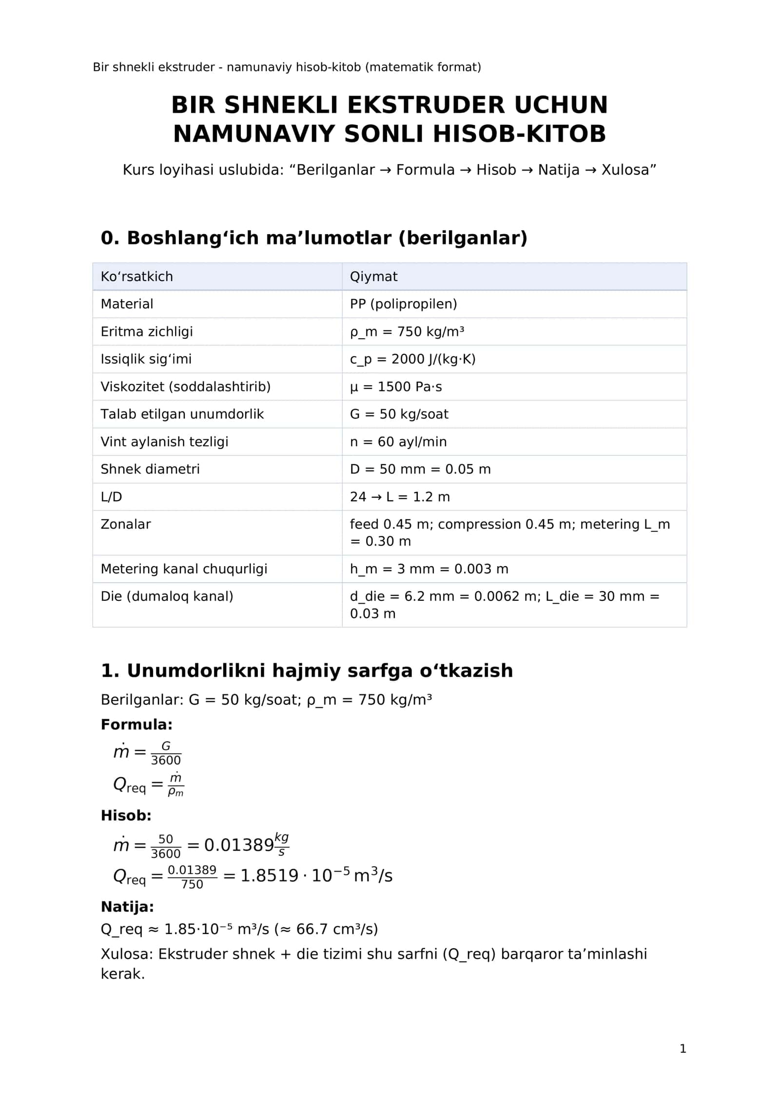 Bir shnekli ekstruder - namunaviy hisob-kitob (matematik format) 1