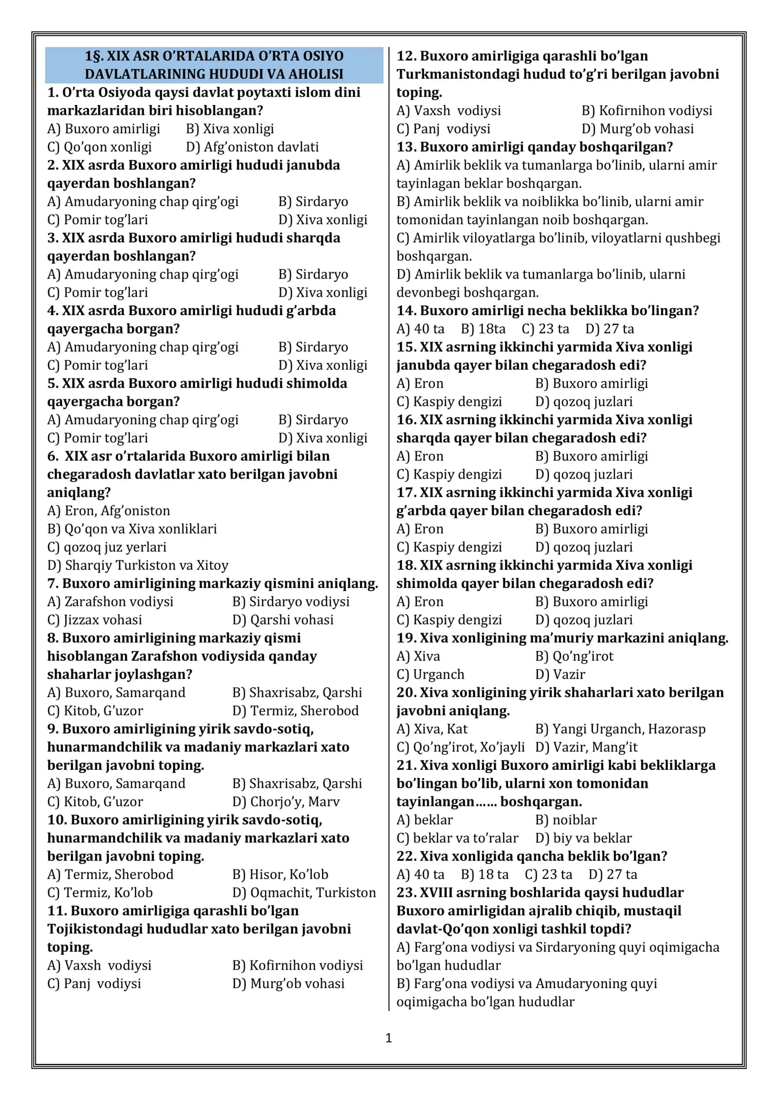 Buxoro amirligi hududi va aholisi 1