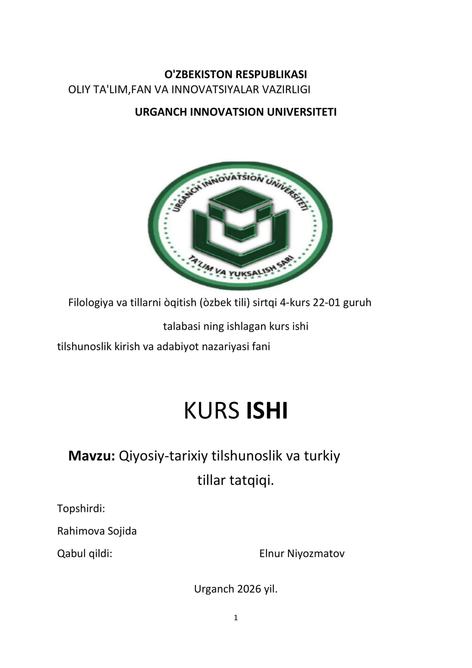 Filologiya va tillarni òqitish (òzbek tili) sirtqi 4-kurs 22-01 guruh talabasi ning ishlagan kurs ishi 1