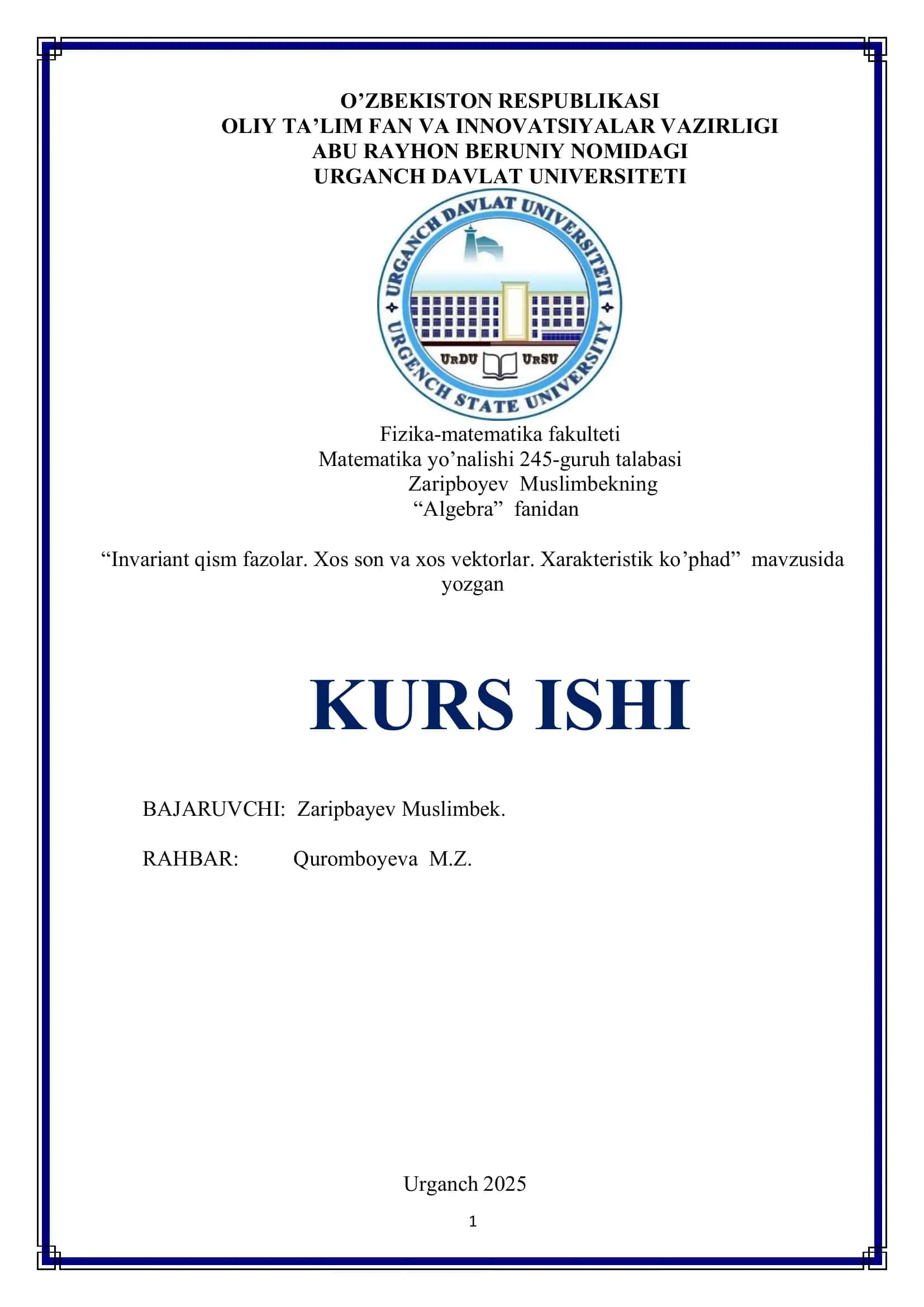 Invariant qism fazolar. Xos son va xos vektorlar. Xarakteristik ko’phad 1
