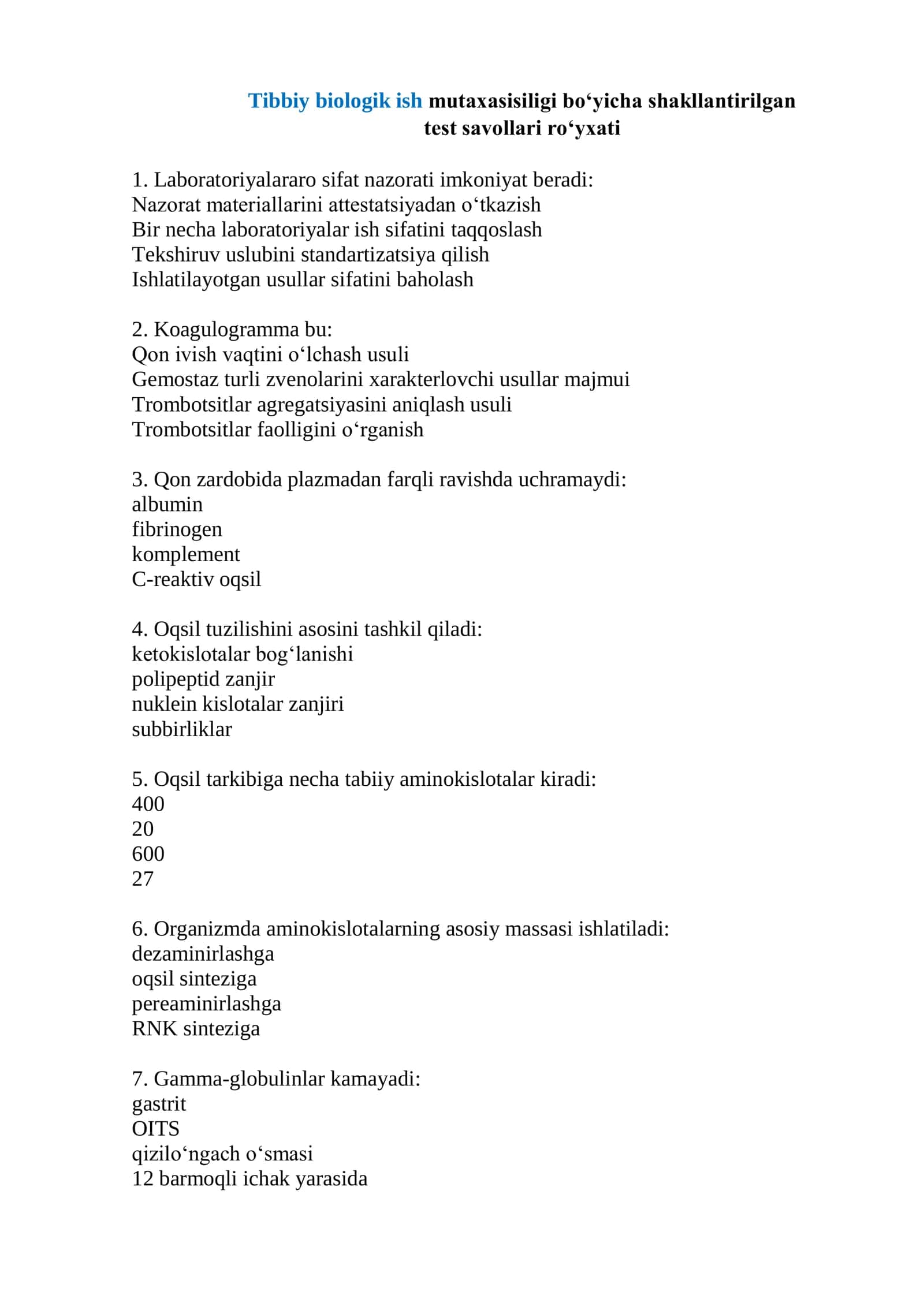Tibbiy biologik ish mutaxasisiligi boʻyicha shakllantirilgan test savollari roʻyxati 2026 1
