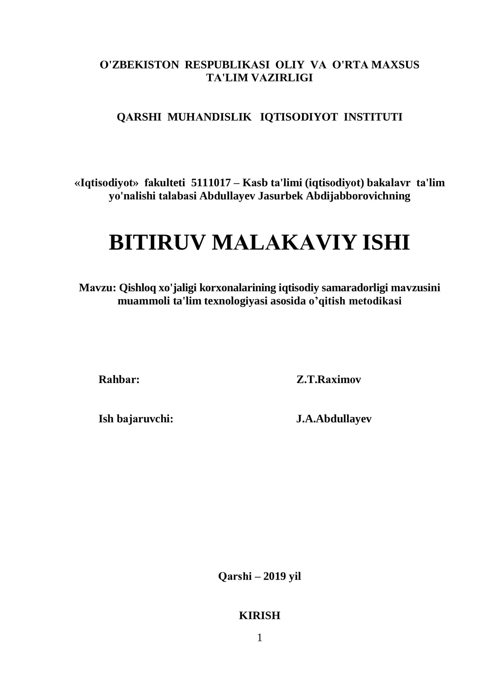 Qishloq xo'jaligi korxonalarining iqtisodiy samaradorligi mаvzusini muammoli ta'lim texnologiyasi asosida о’qitish metоdikаsi 1