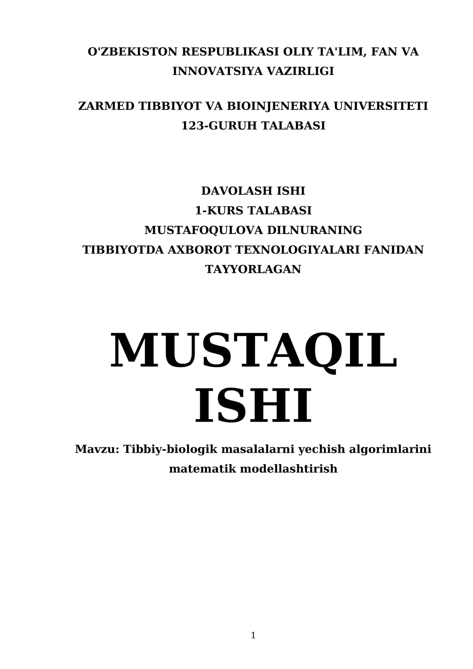 Tibbiy-biologik masalalarni yechish algorimlarini matematik modellashtirish 1