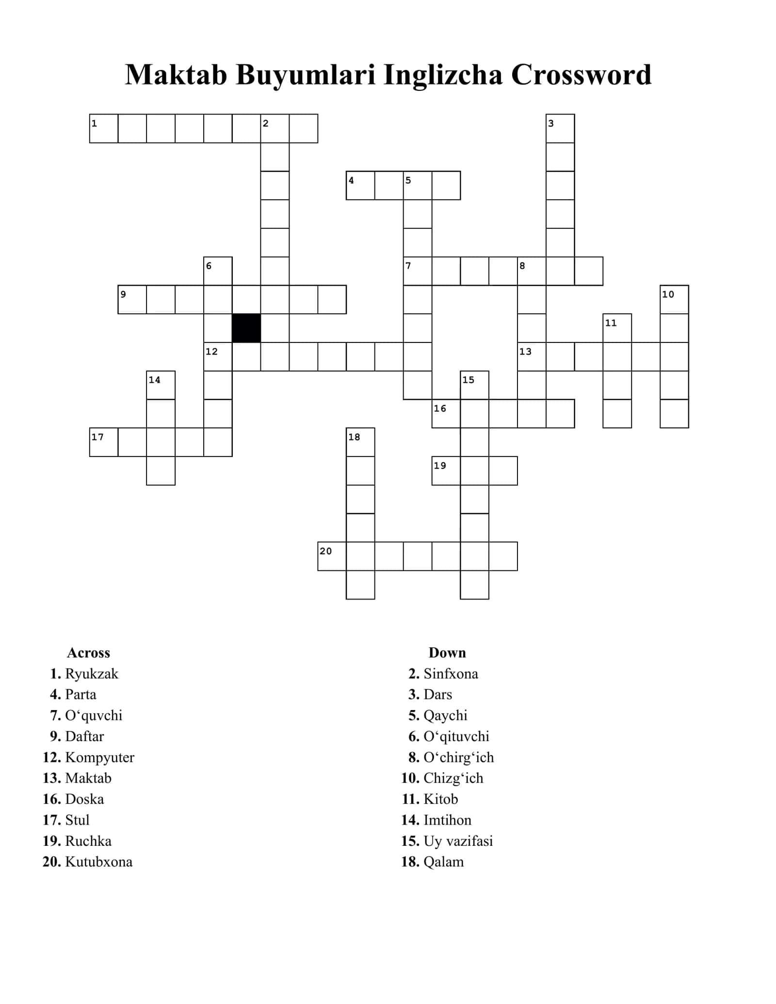 Maktab Buyumlari Inglizcha Crossword 1