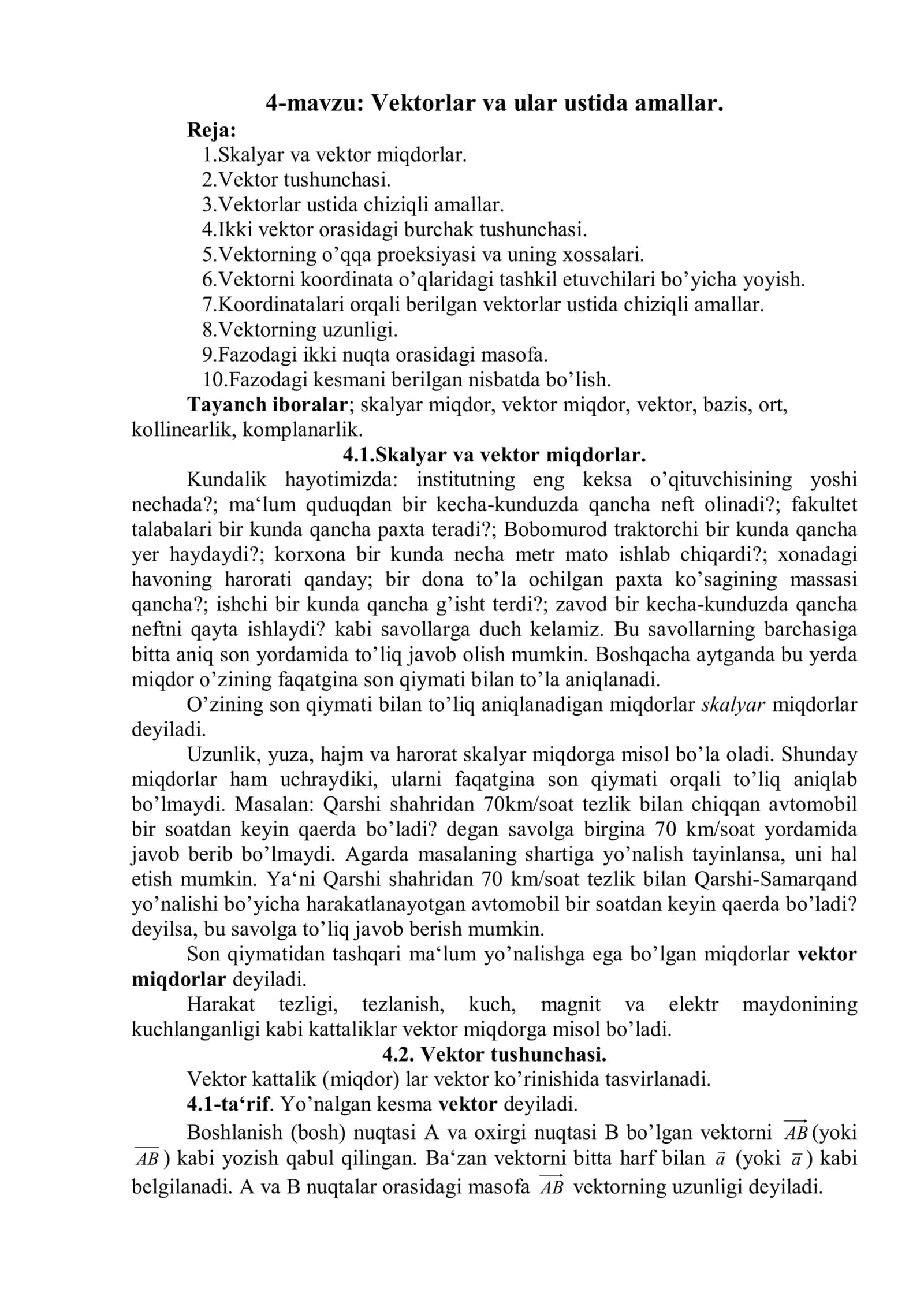 4-mavzu: Vektorlar va ular ustida amallar 1