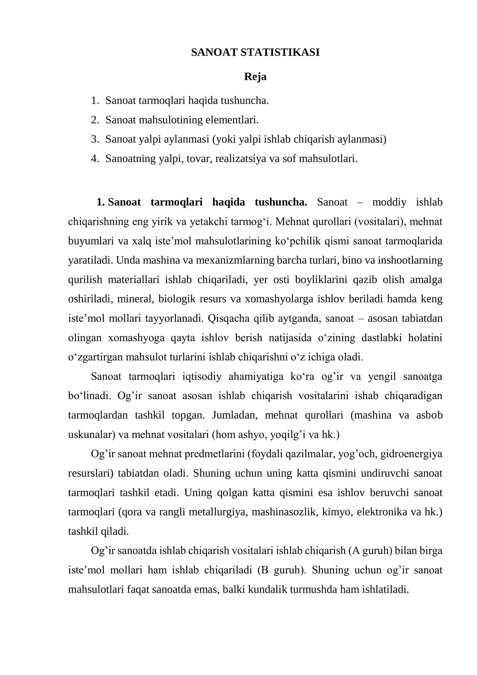 SANOAT STATISTIKASI 1