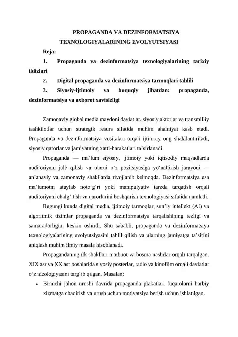 PROPAGANDA VA DEZINFORMATSIYA TEXNOLOGIYALARINING EVOLYUTSIYASI