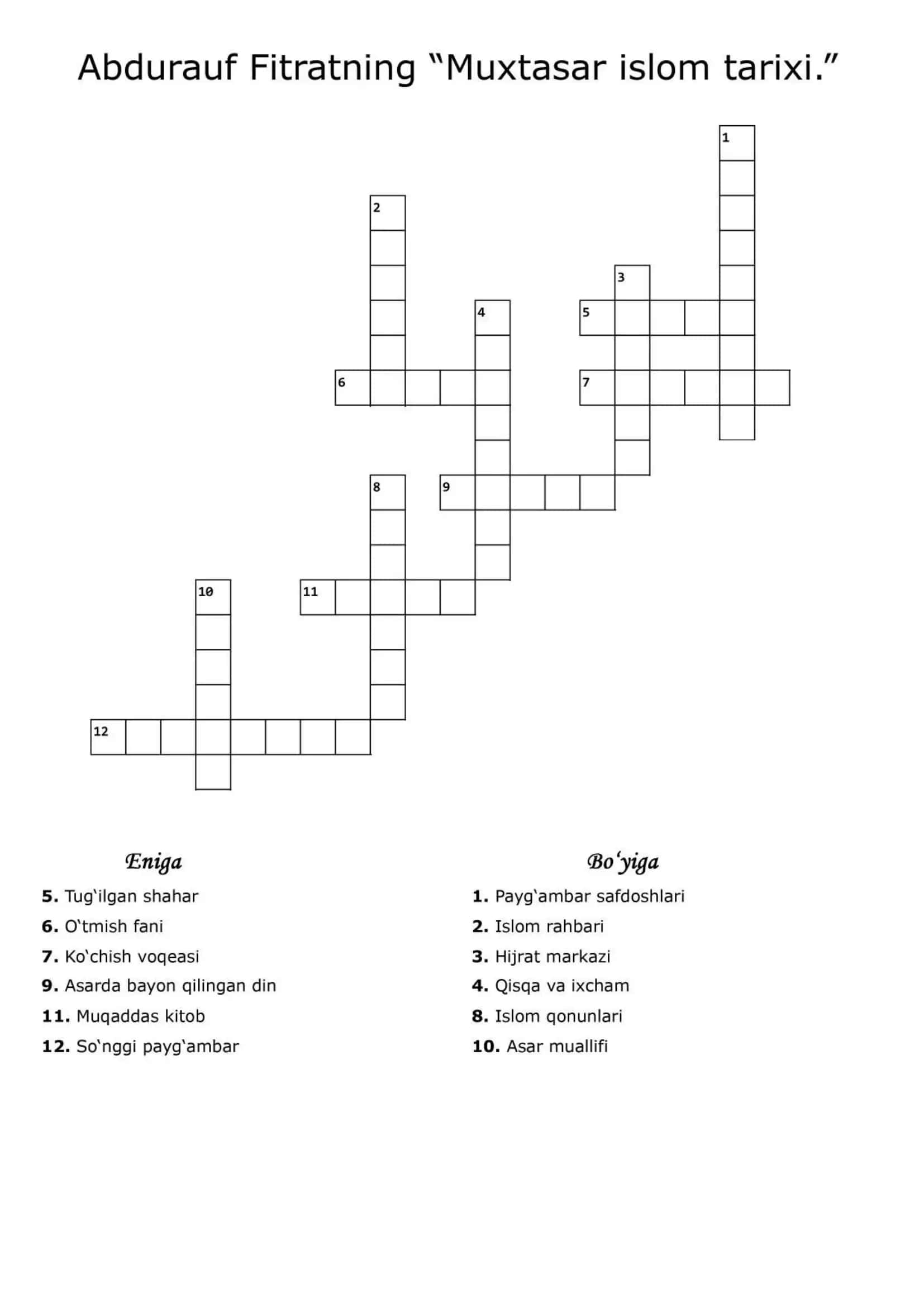 Abdurauf Fitratning Muxtasar islom tarixi bo'yicha krossword 1