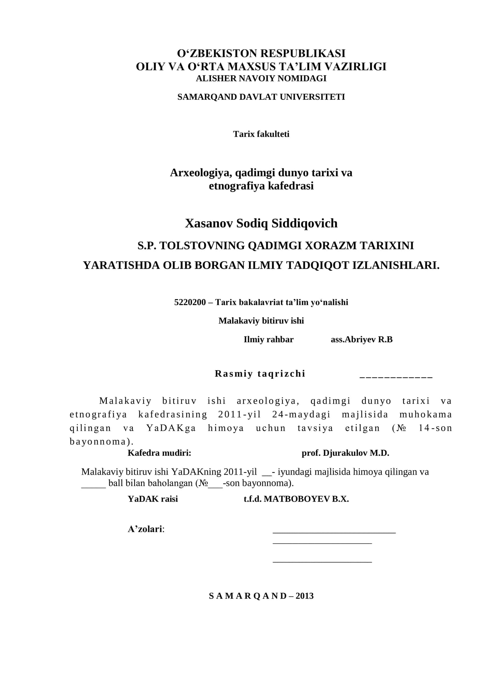 S.P. TOLSTOVNING QADIMGI XORAZM TARIXINI YARATISHDA OLIB BORGAN ILMIY TADQIQOT IZLANISHLARI 1