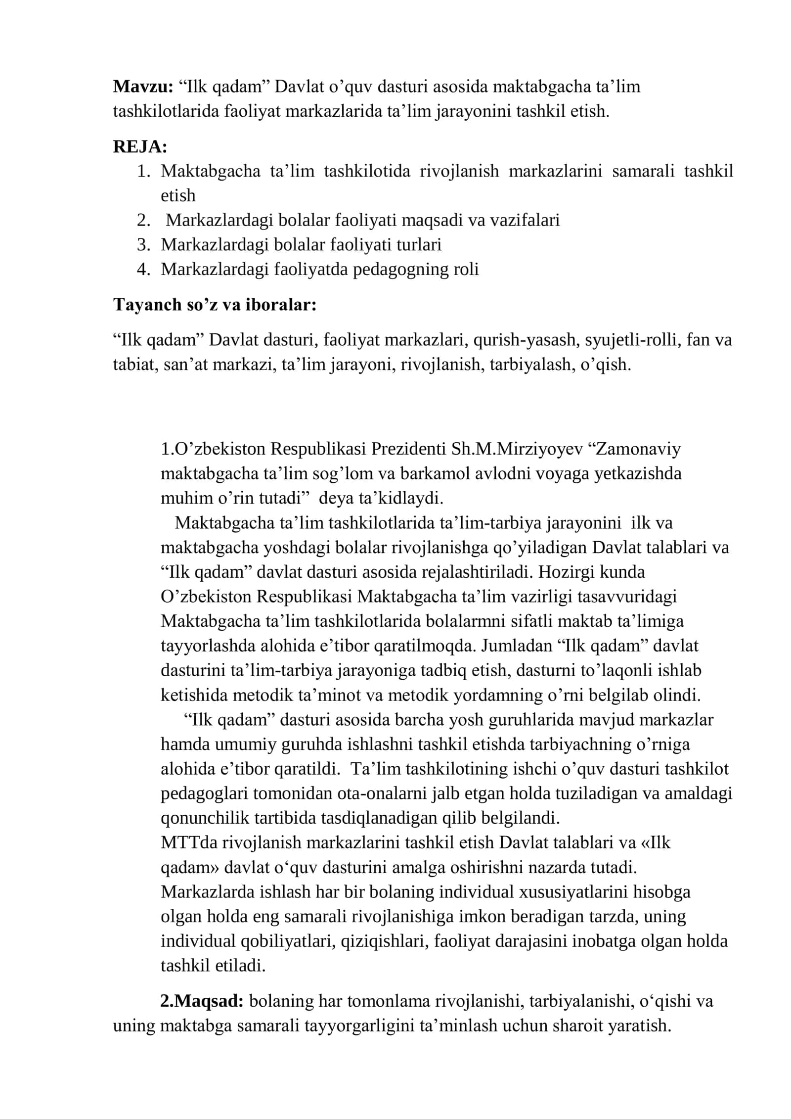 “Ilk qadam” Davlat dasturi asosida maktabgacha ta’lim 1