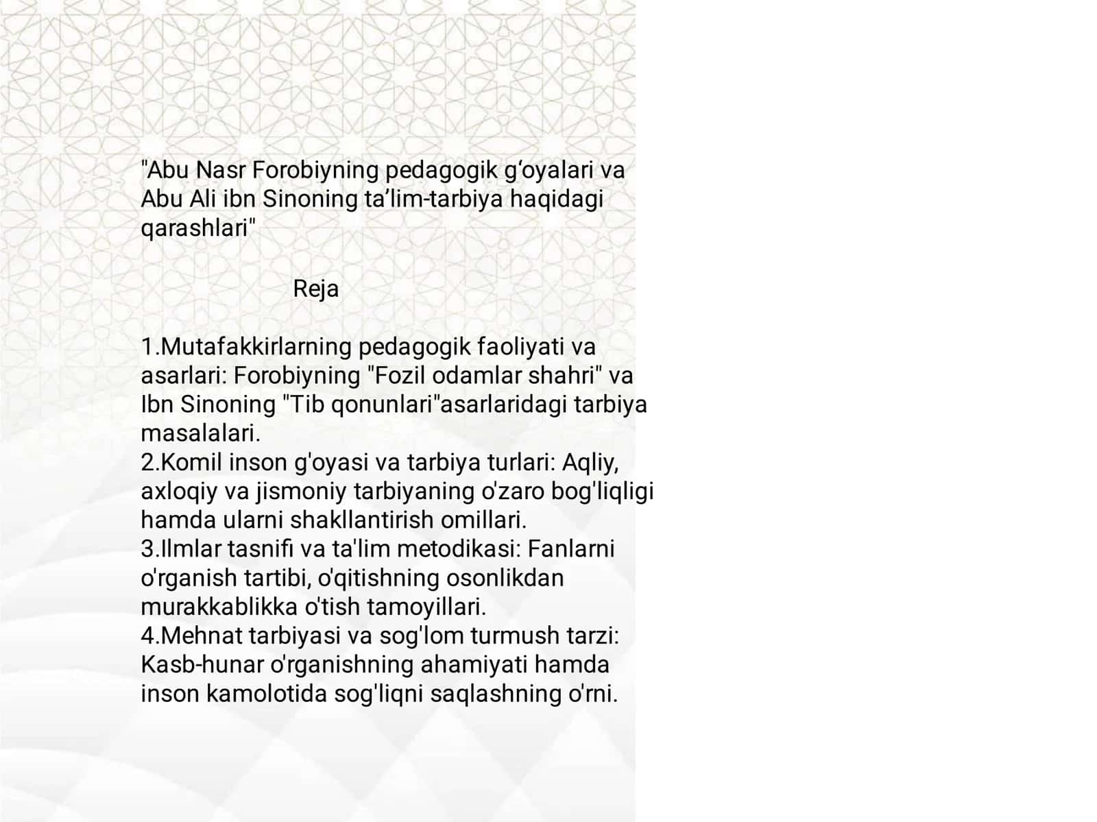 Abu Nasr Forobiy va Abu Ali ibn Sino Pedagogik Merosi 1