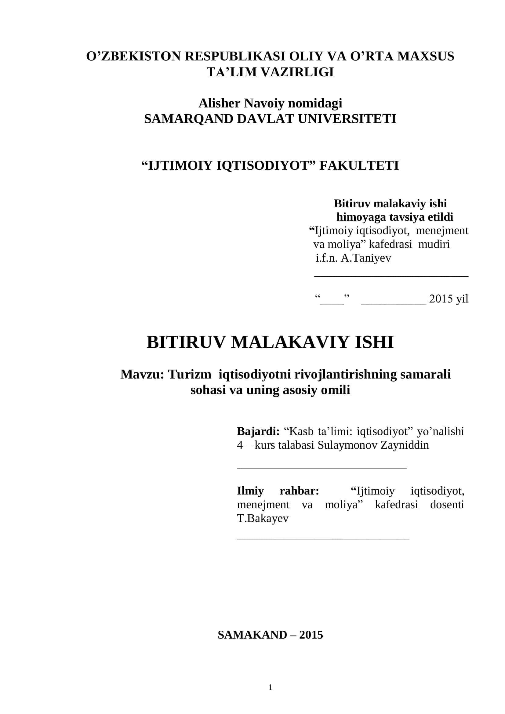 Turizm iqtisodiyotni rivojlantirishning samarali sohasi va uning asosiy omili 1