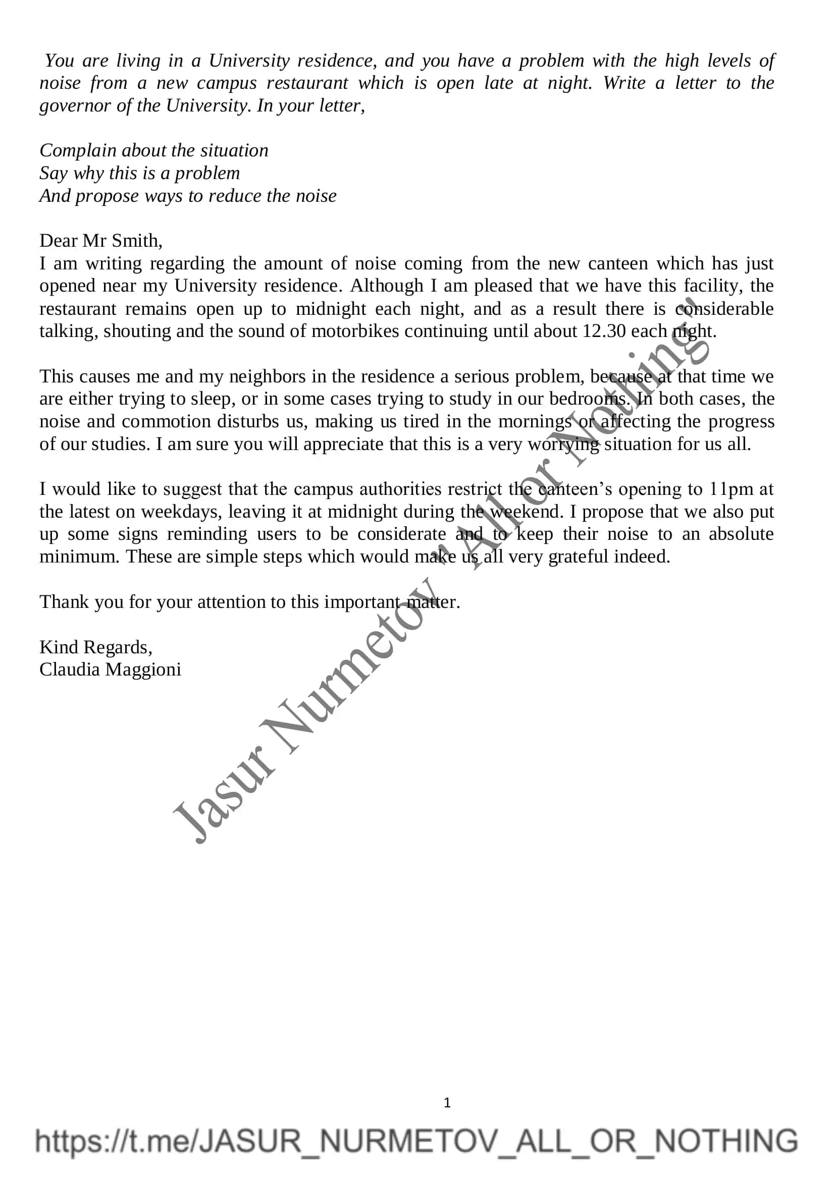 Noise Complaint Letter to University Governor 1