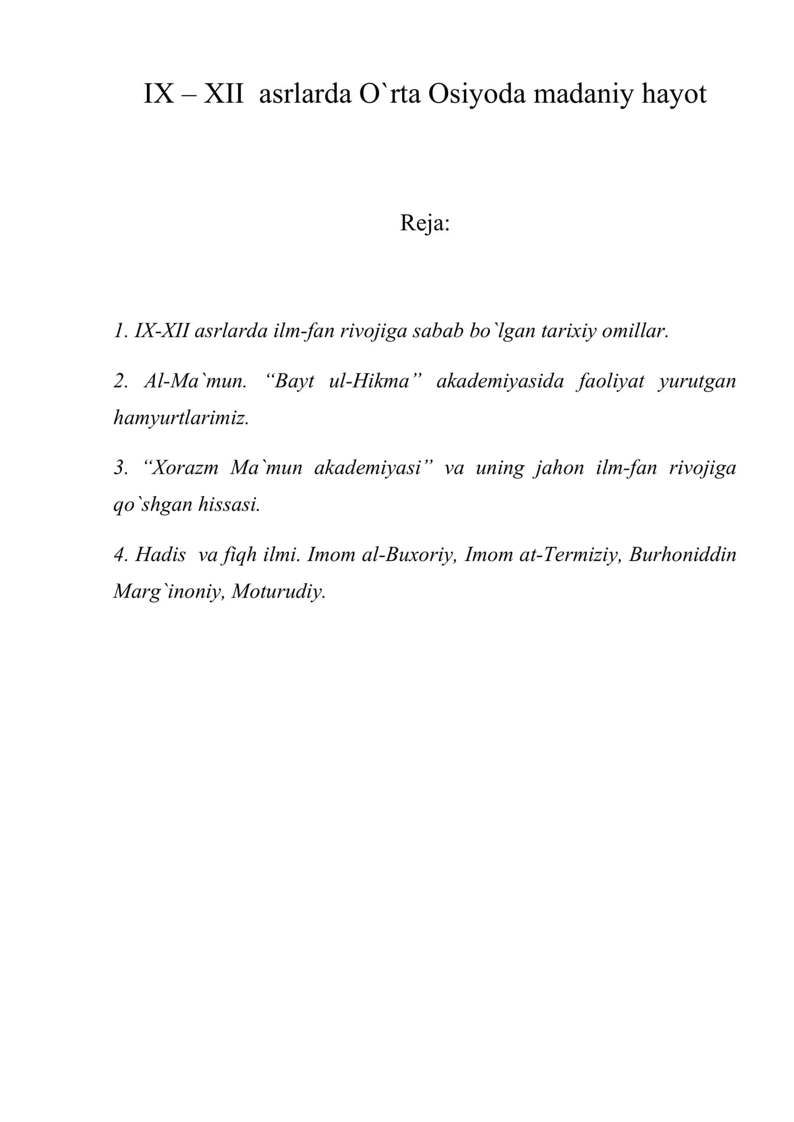 IX – XII asrlarda O`rta Osiyoda madaniy hayot 1