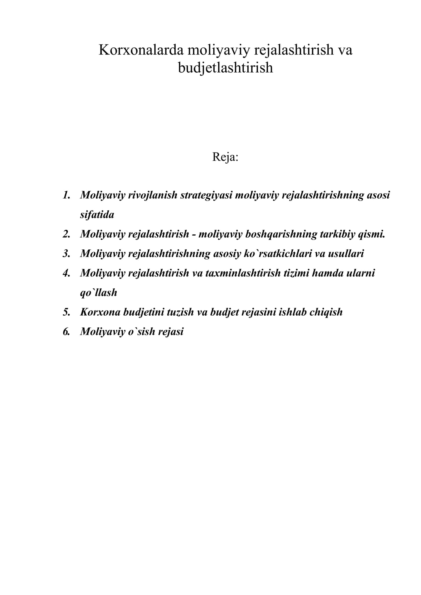 Korxonalarda moliyaviy rejalashtirish va budjetlashtirish 1