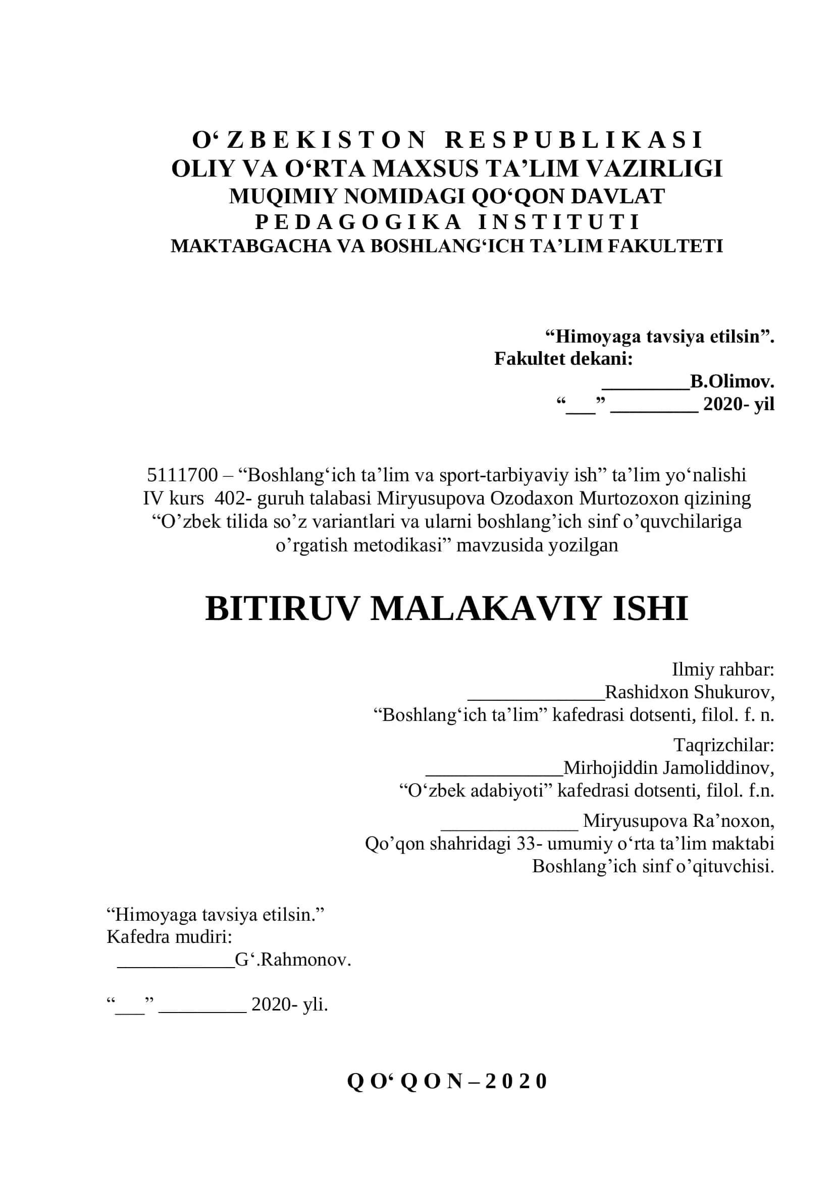 O’zbek tilida so’z variantlari va ularni boshlang’ich sinf o’quvchilariga o’rgatish metodikasi 1