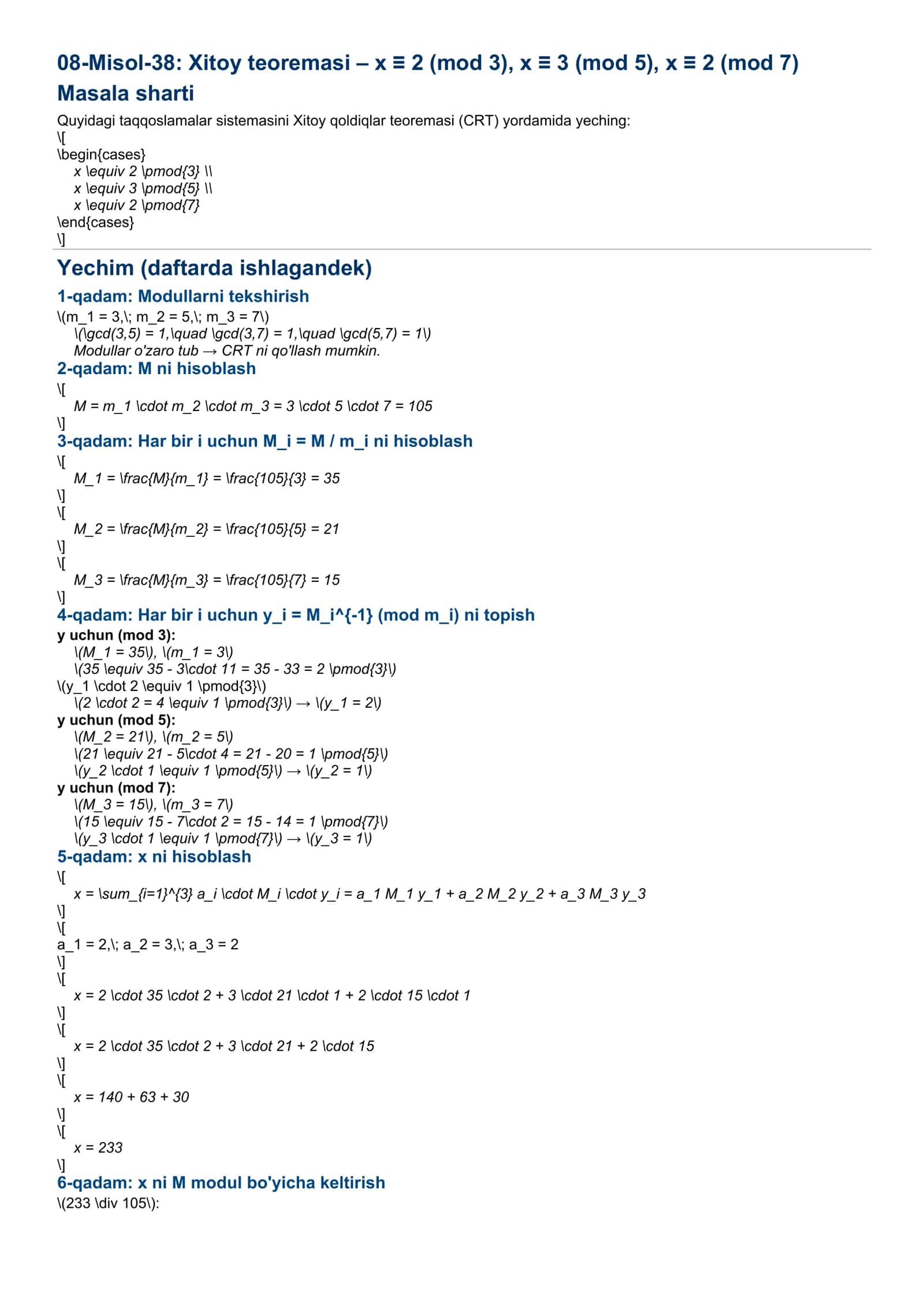 Xitoy teoremasi masalasi (CRT) 1
