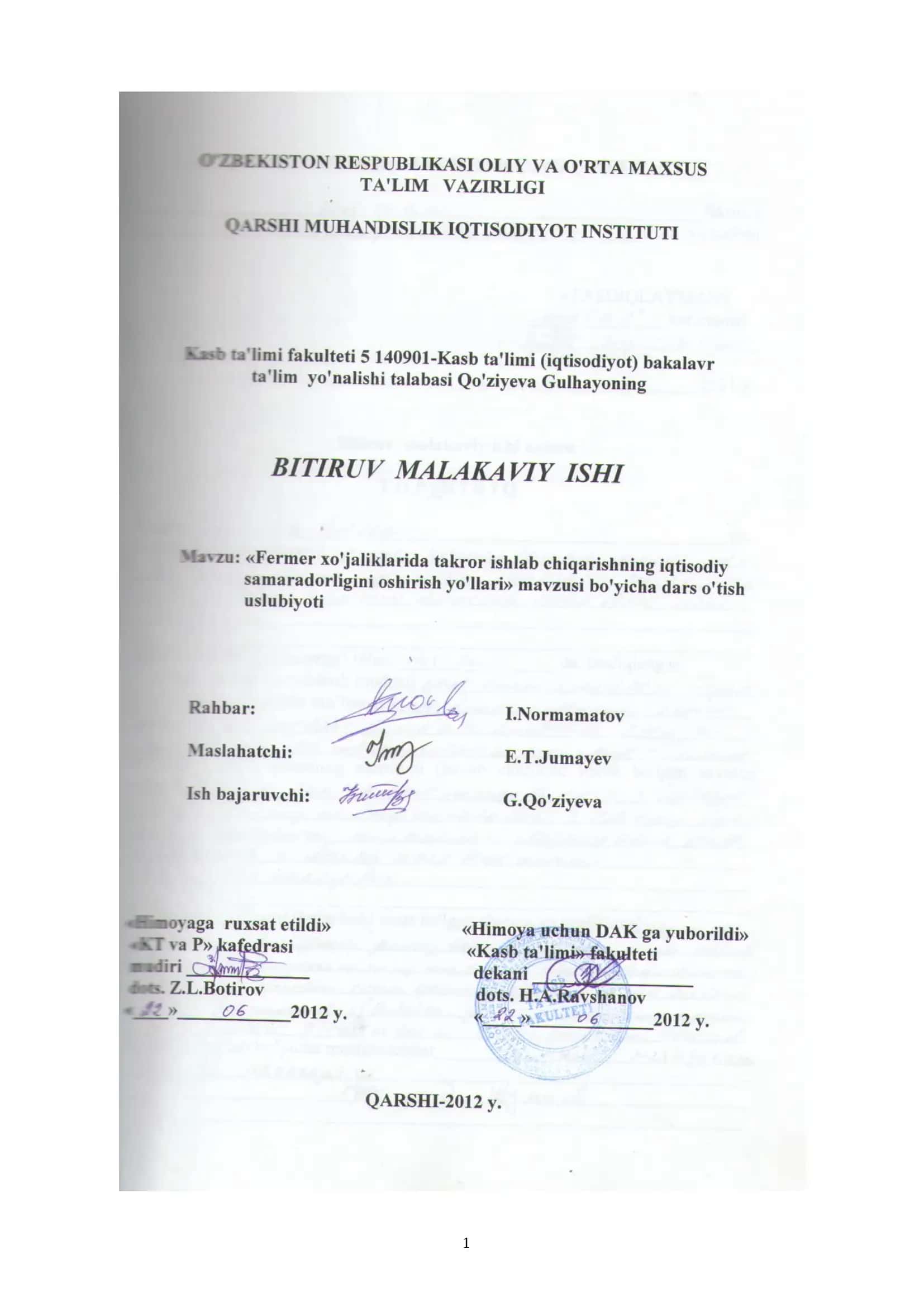 Fermer xo‘jaliklarida takror ishlab chiqarishning iqtisodiy samaradorligini oshirish yo‘llari 1