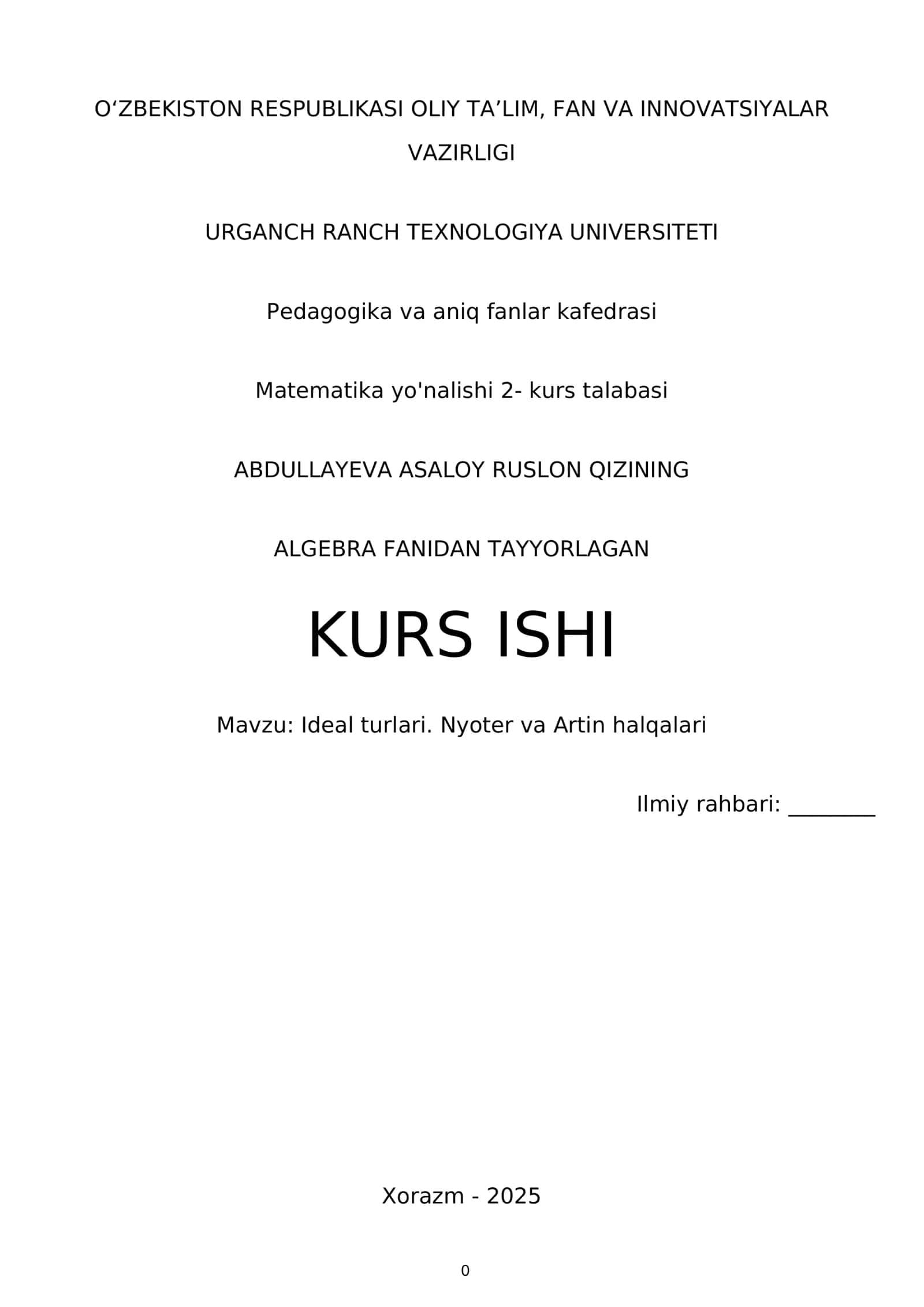 Ideal turlari. Nyoter va Artin halqalari KURS ISHI 1
