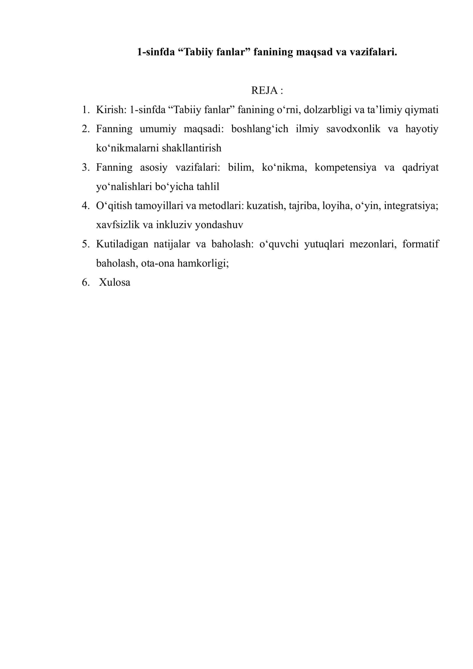 1-sinfda “Tabiiy fanlar” fanining maqsad va vazifalari 1