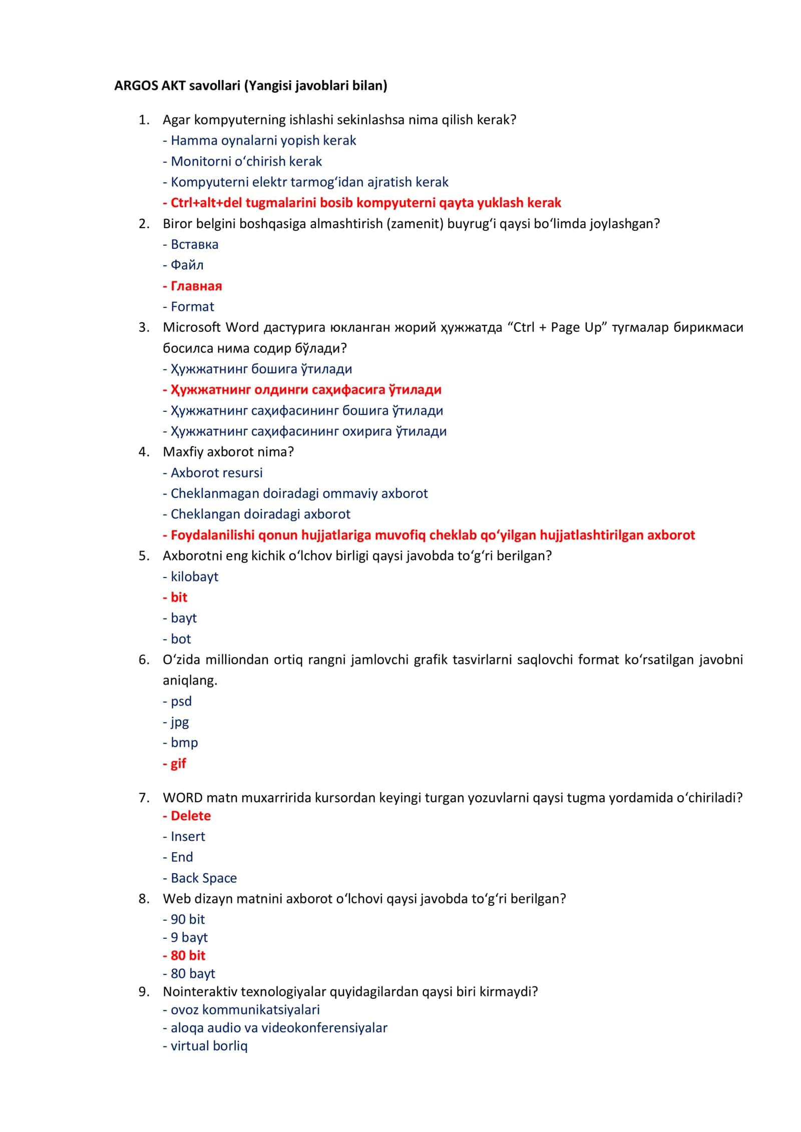 ARGOS AKT savollari (Yangisi javoblari bilan) 1