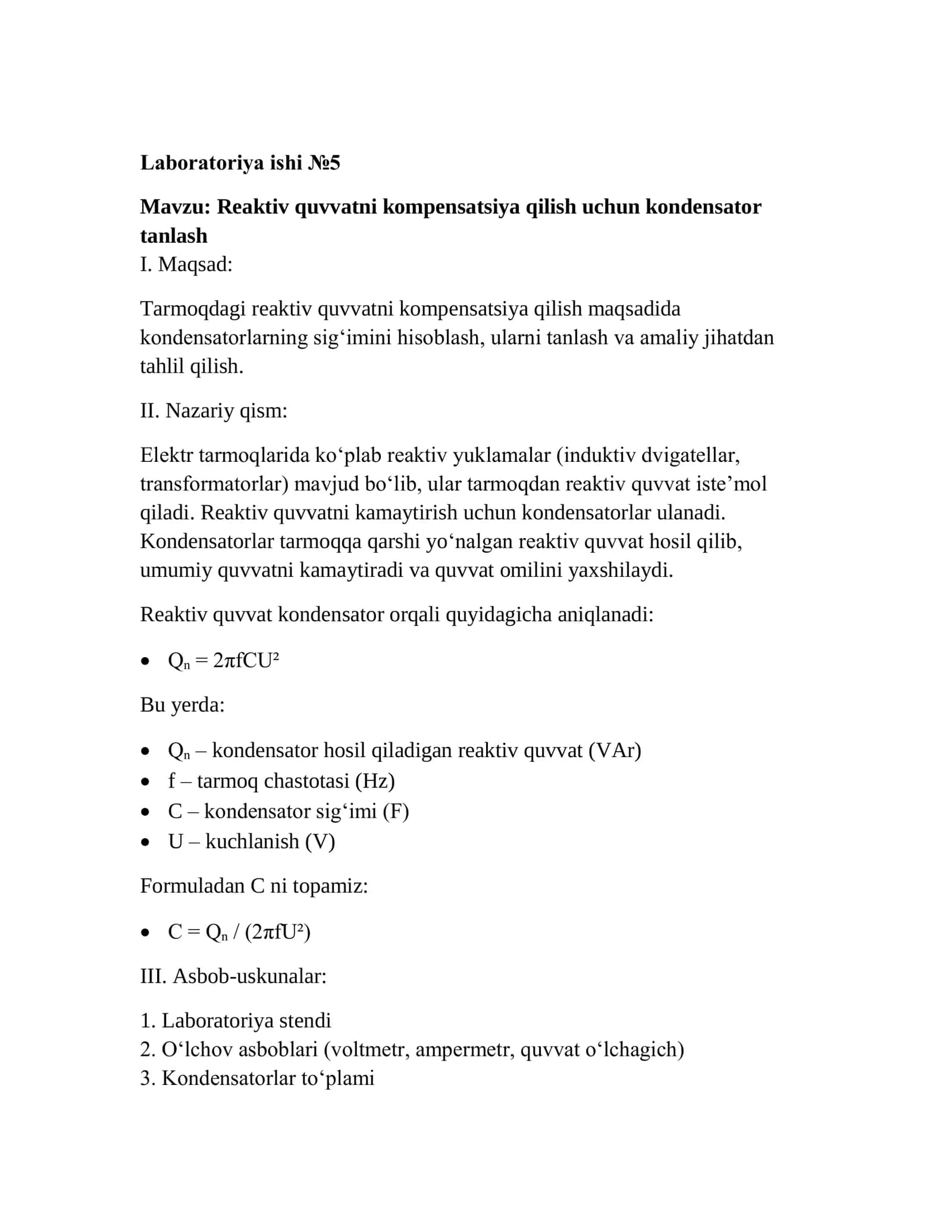 Reaktiv quvvatni kompensatsiya qilish uchun kondensator tanlash 1