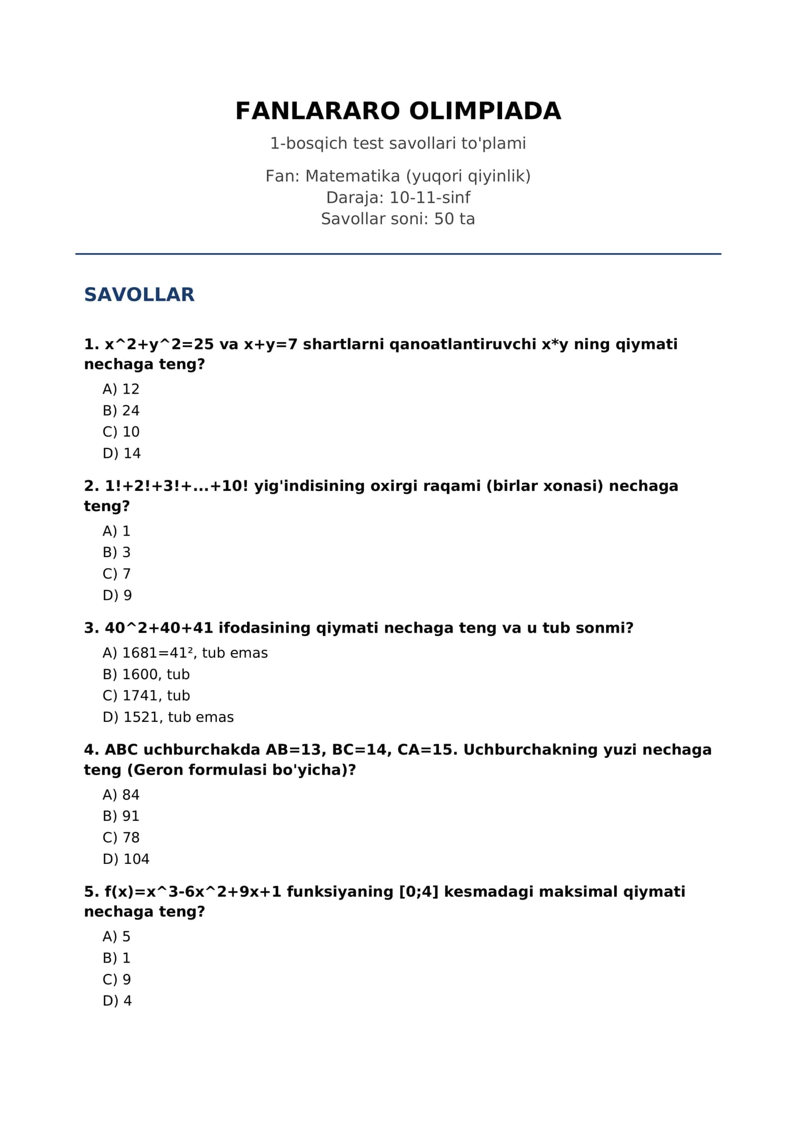 1-bosqich test savollari to'plami 1