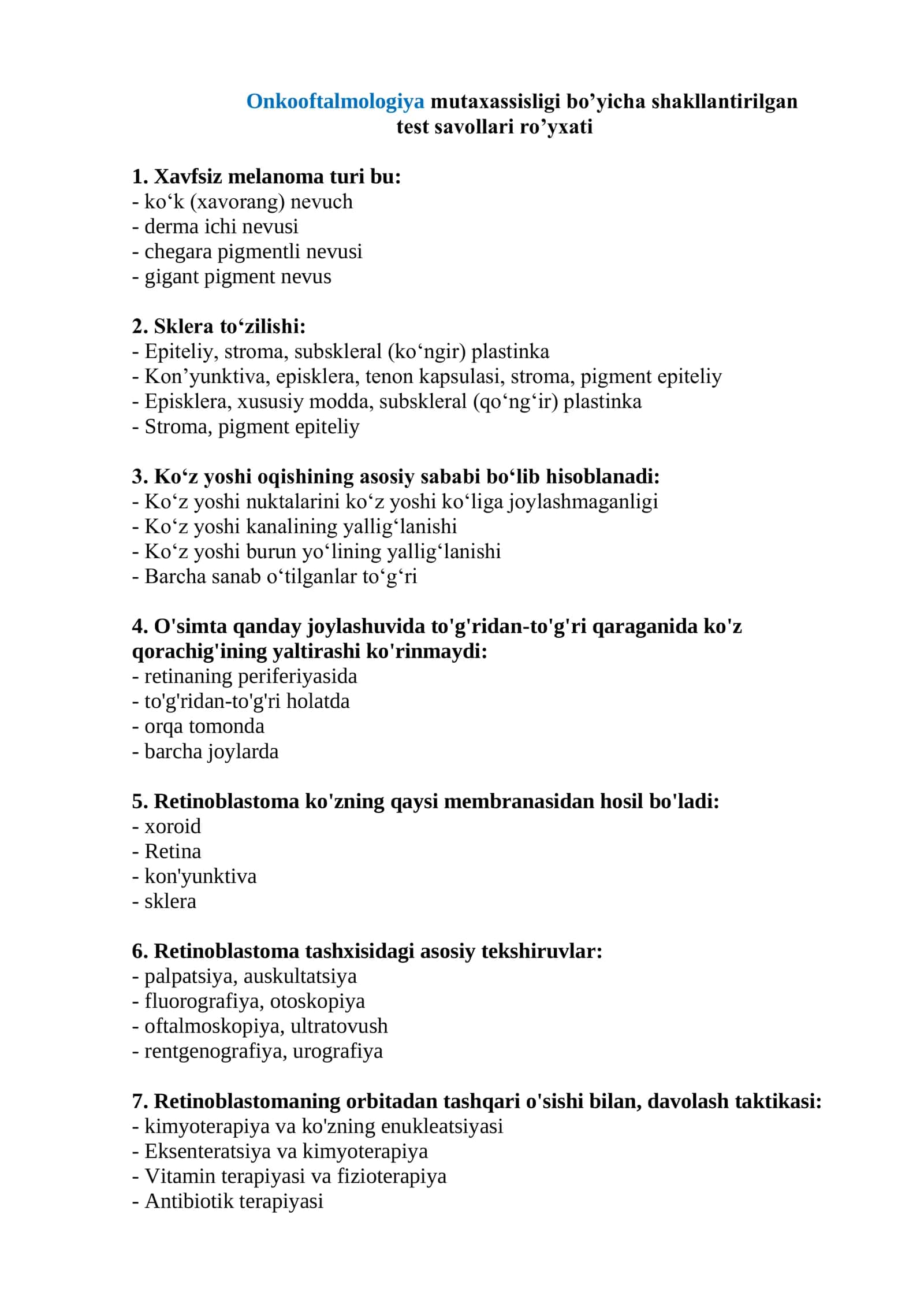 Onkooftalmologiya Mutaxassisligi Test Savollari 2026 1