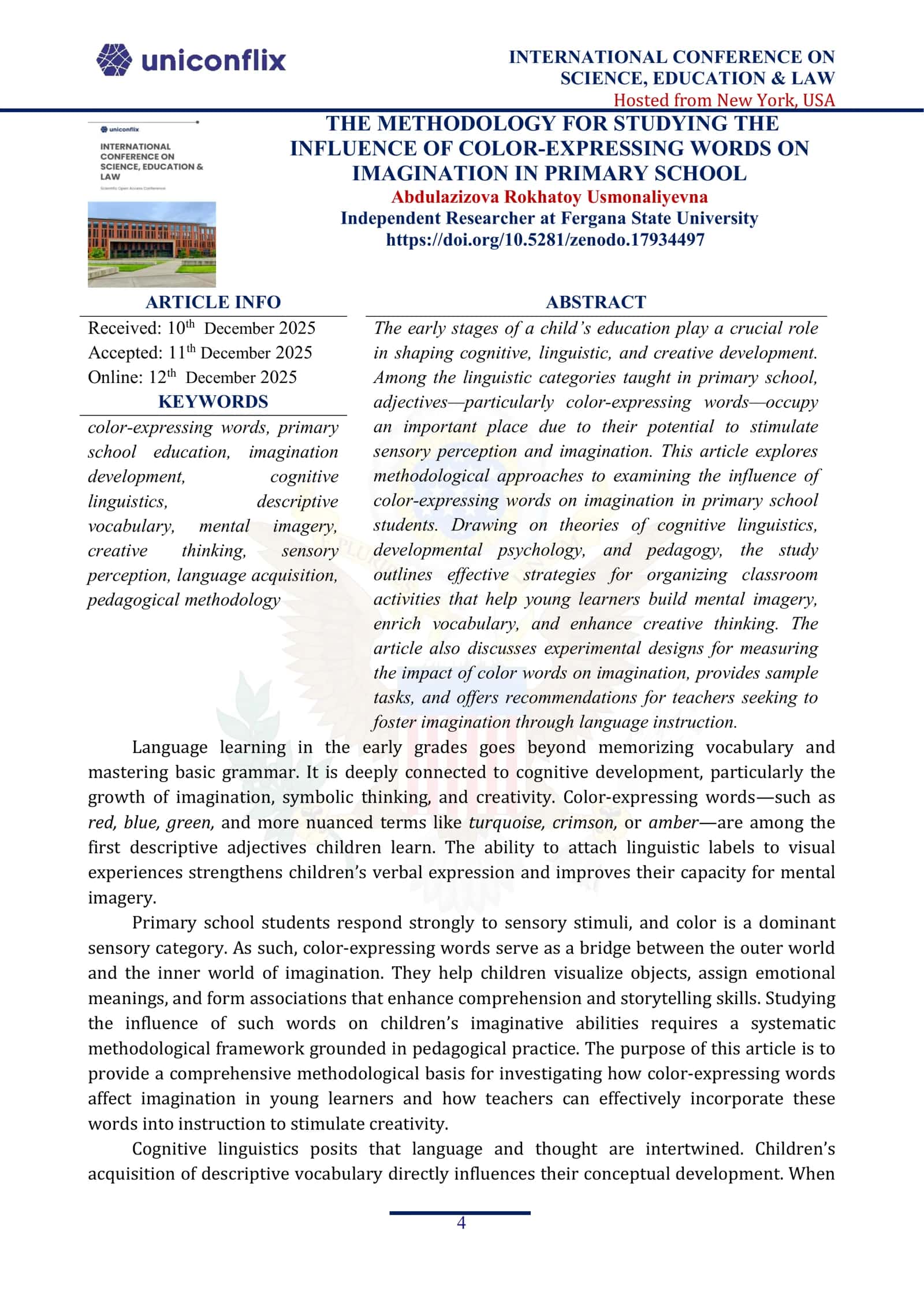 THE METHODOLOGY FOR STUDYING THE INFLUENCE OF COLOR-EXPRESSING WORDS ON IMAGINATION IN PRIMARY SCHOOL 1