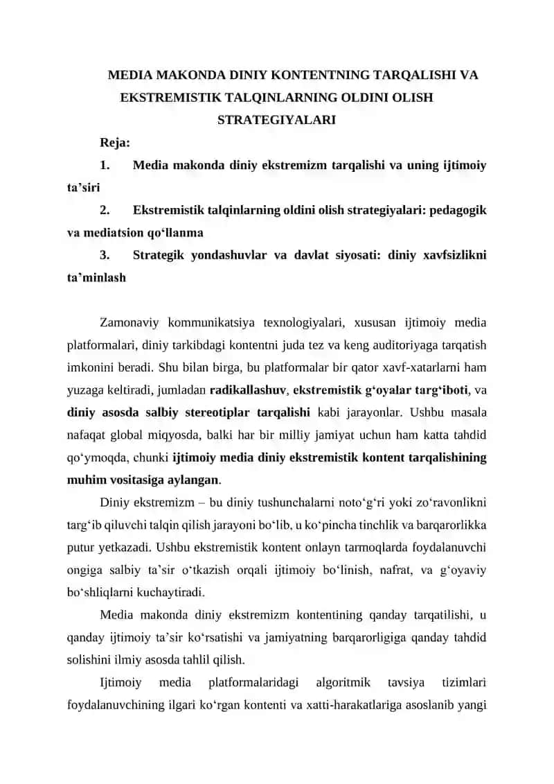 MEDIA MAKONDA DINIY KONTENTNING TARQALISHI VA EKSTREMISTIK TALQINLARNING OLDINI OLISH STRATEGIYALARI