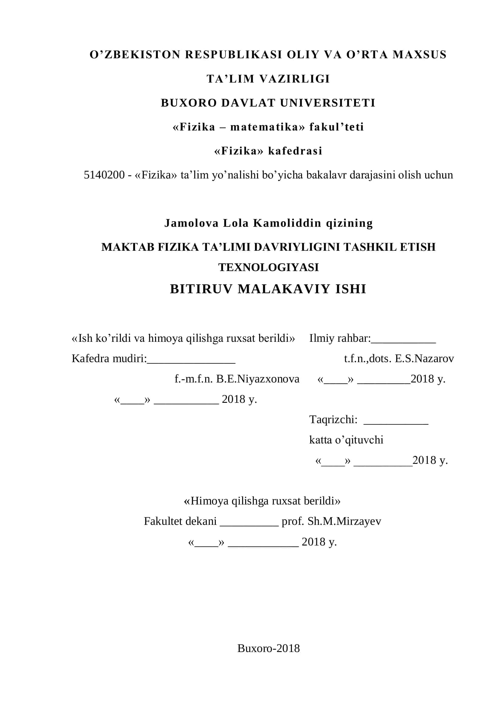 MAKTAB FIZIKA TA’LIMI DAVRIYLIGINI TASHKIL ETISH TEXNOLOGIYASI 1