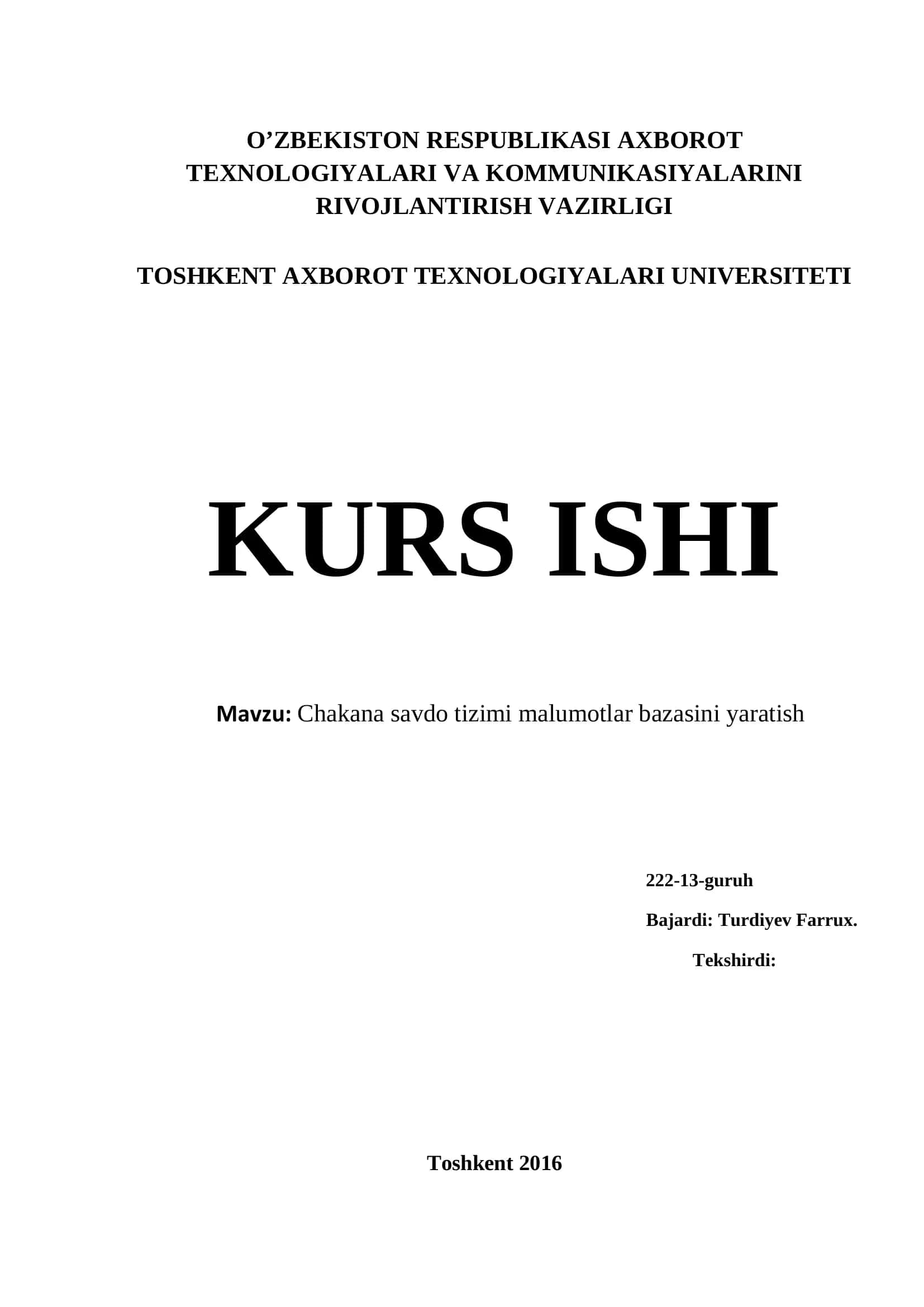 Chakana savdo tizimi malumotlar bazasini yaratish 1