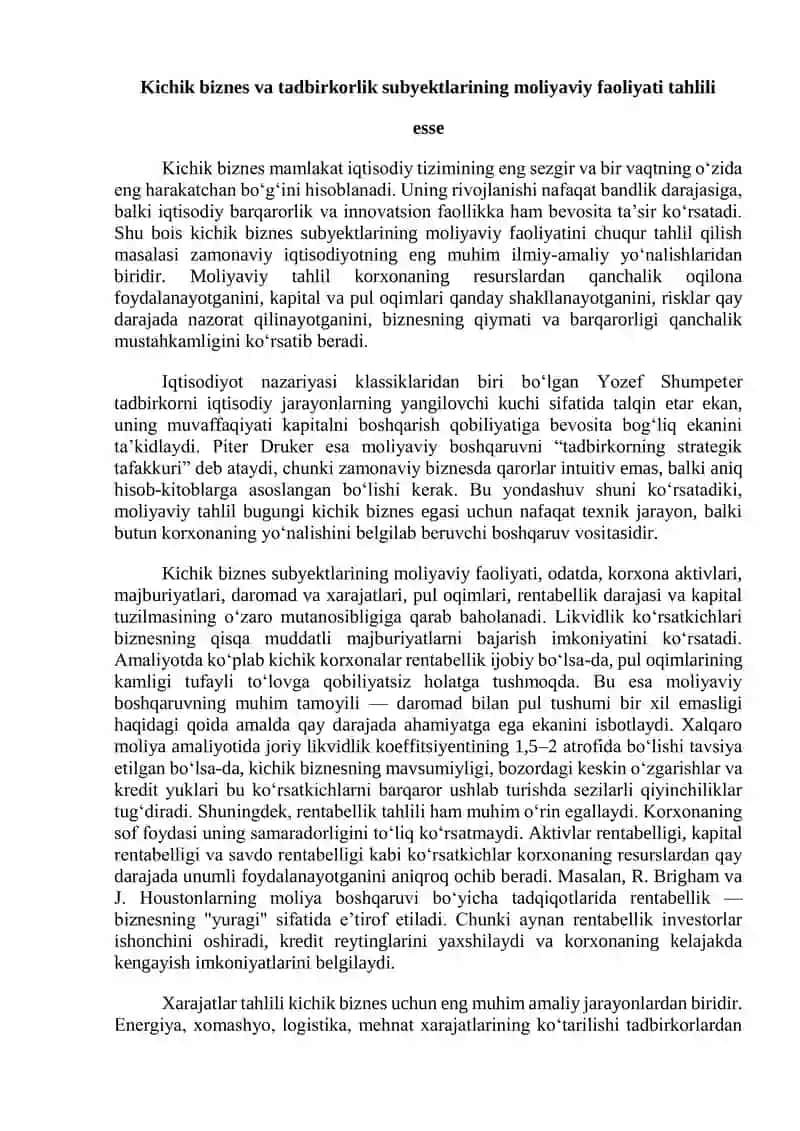 Kichik biznes va tadbirkorlik fanidan esse