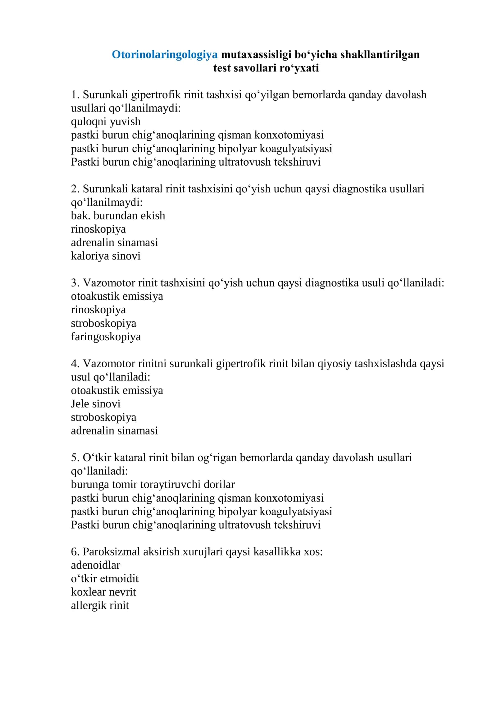 Otorinolaringologiya mutaxassisligi boʻyicha shakllantirilgan test savollari roʻyxati 2026 1