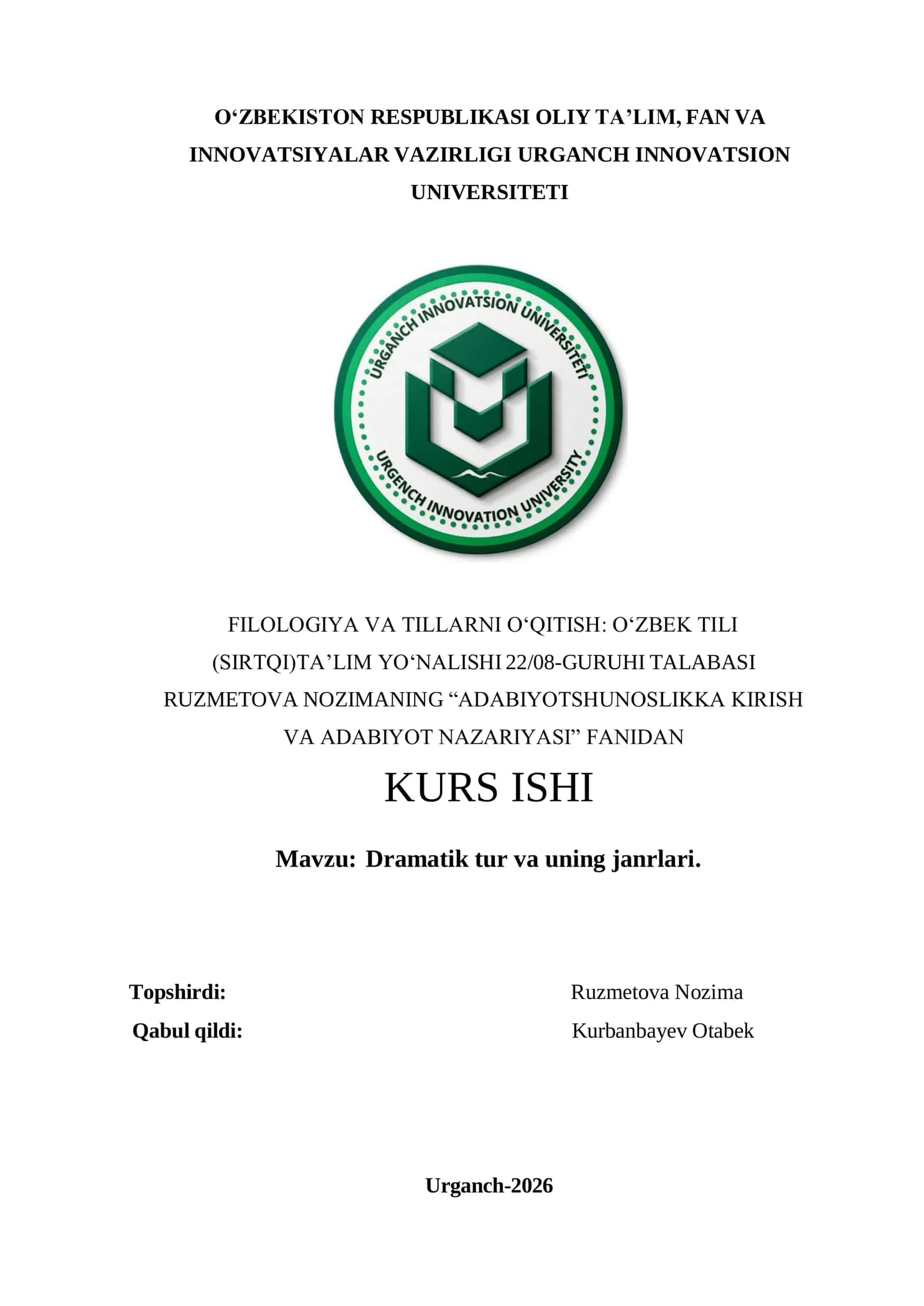 Adabiyotshunoslikka kirish va adabiyot nazariyasi 1