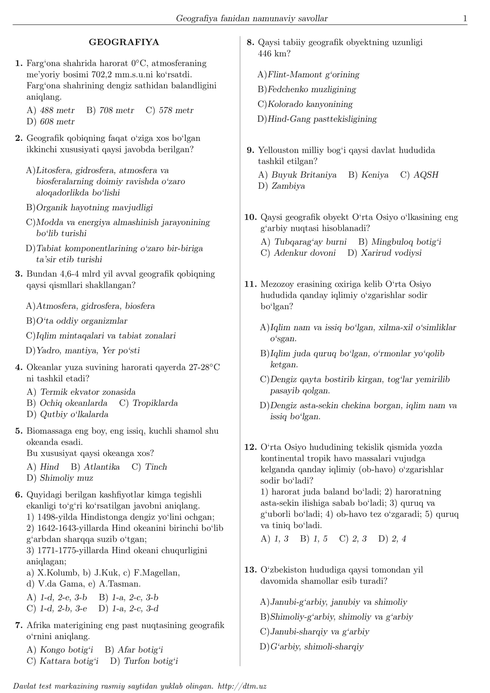 Geografiya fanidan dtm savollar 1